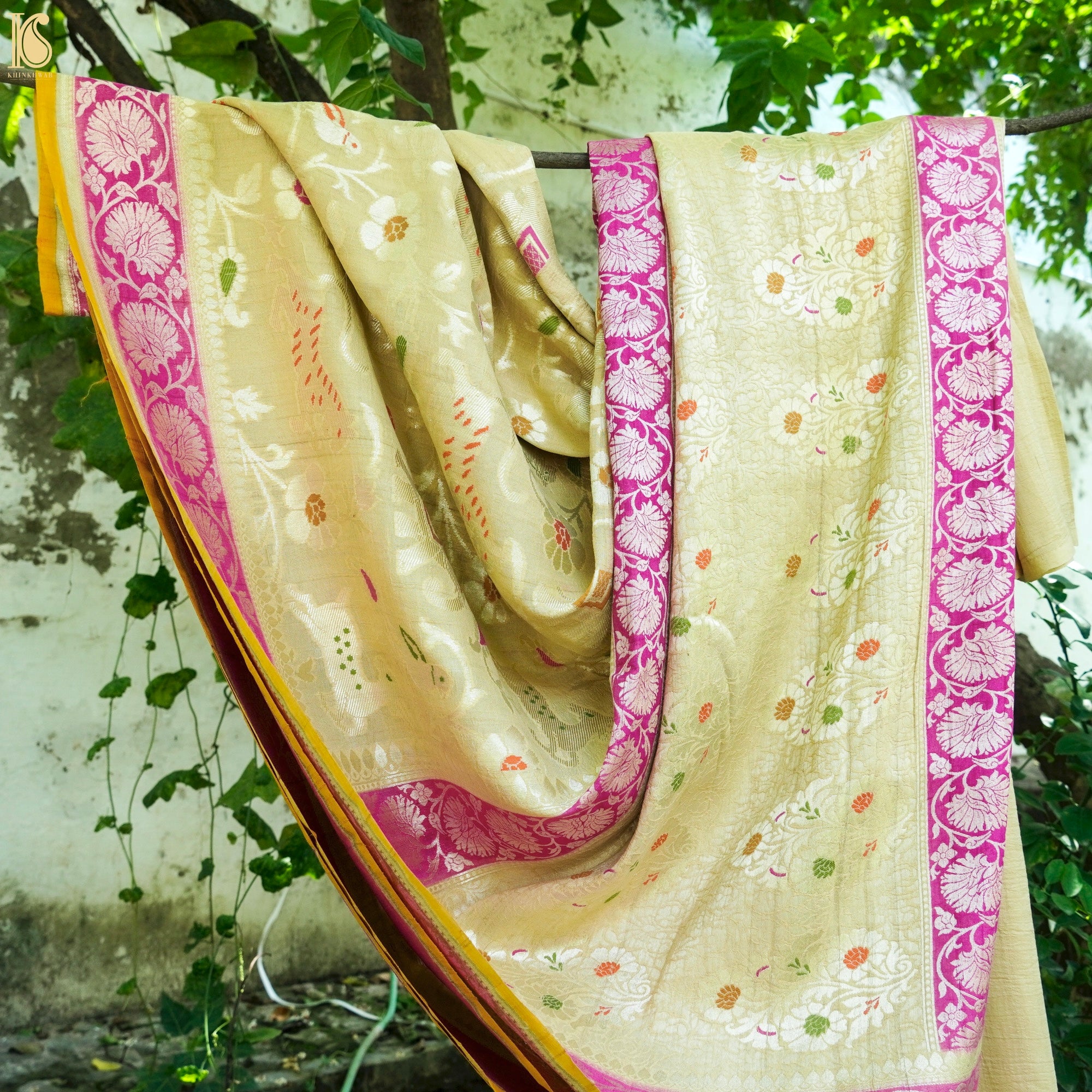 Parchment Yellow Pure Tussar Silk Handloom Banarasi Meenakari Shikargah Saree - Khinkhwab