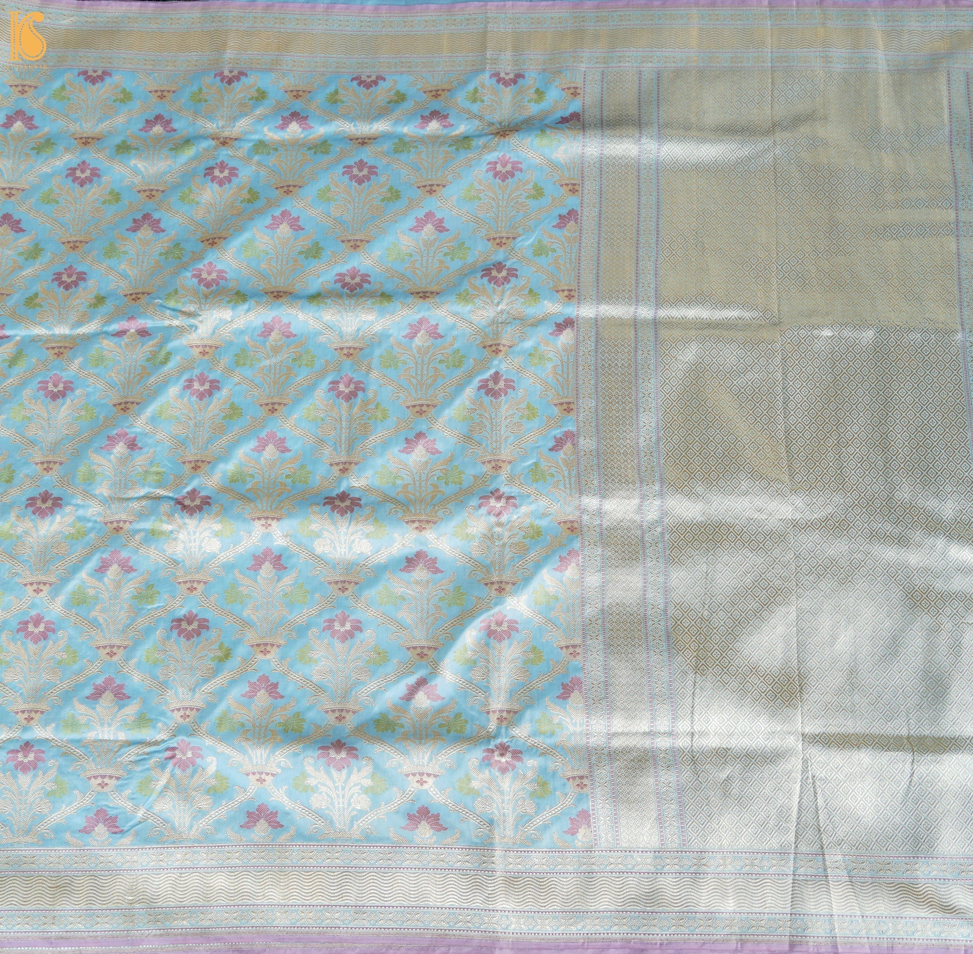 Cornflower Blue Pure Katan Silk Handwoven Banarasi Kadwa Guldasta Saree - Khinkhwab