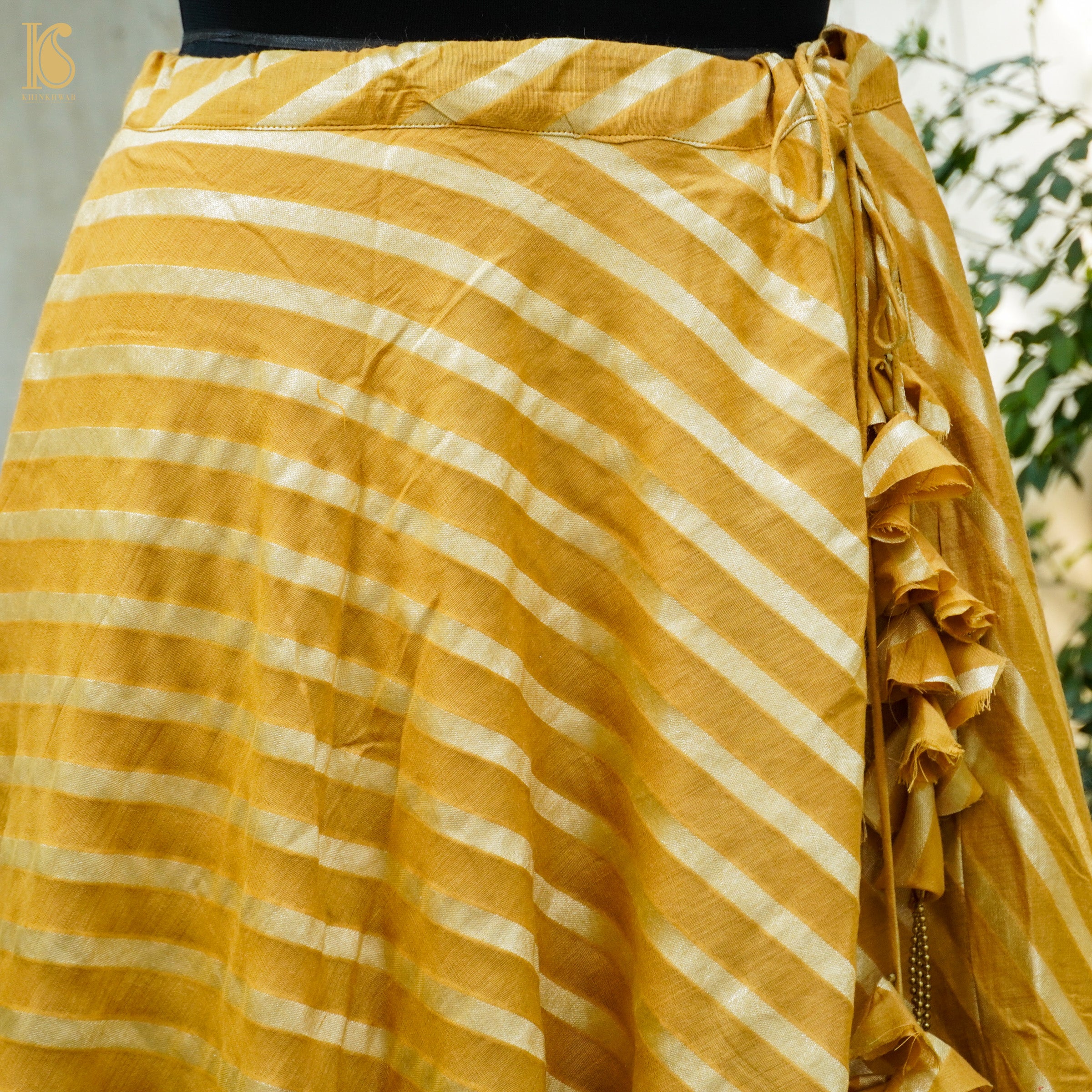 Nugget Yellow Handloom Moonga Silk Banarasi Stripes Stitched Lehenga - Khinkhwab
