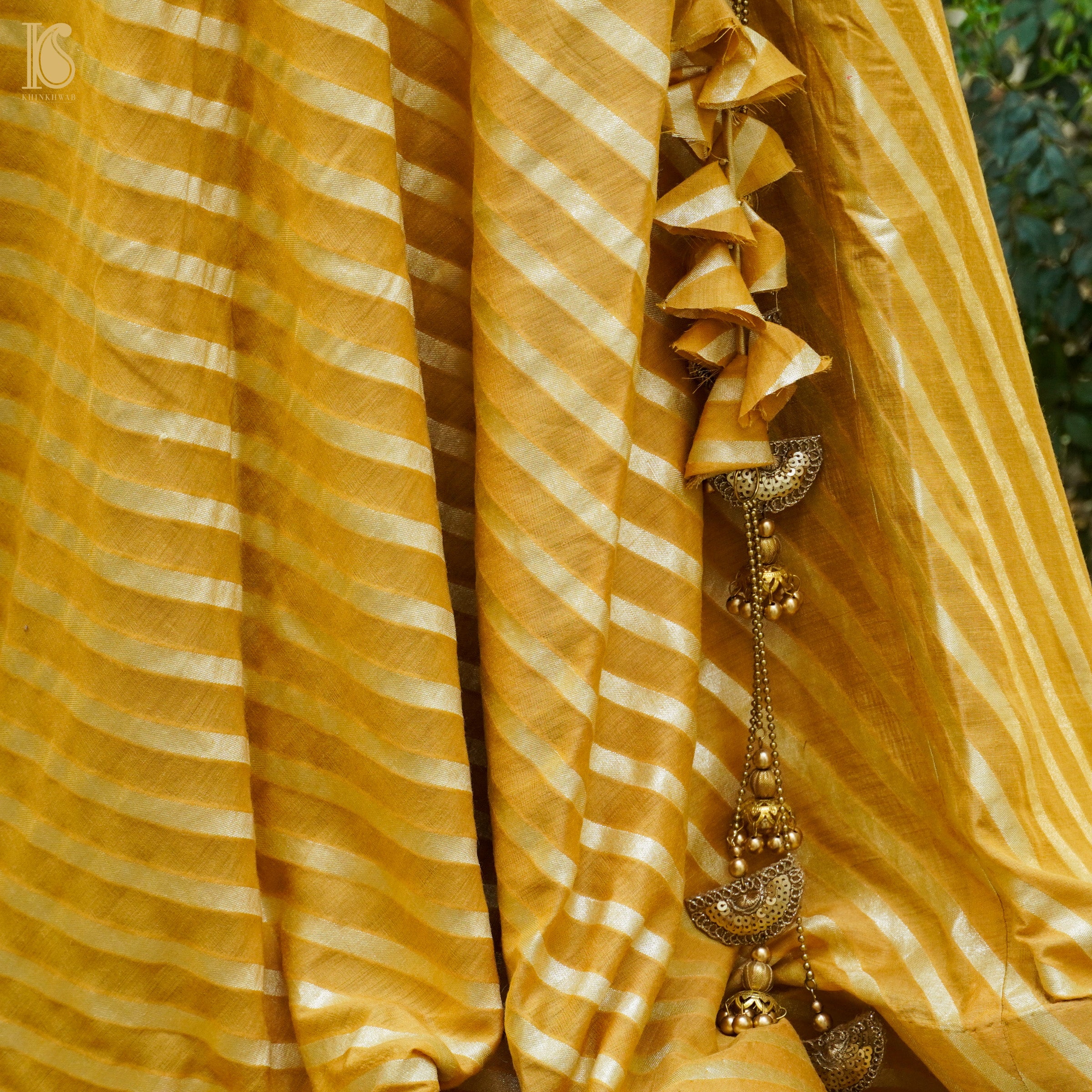 Nugget Yellow Handloom Moonga Silk Banarasi Stripes Stitched Lehenga - Khinkhwab