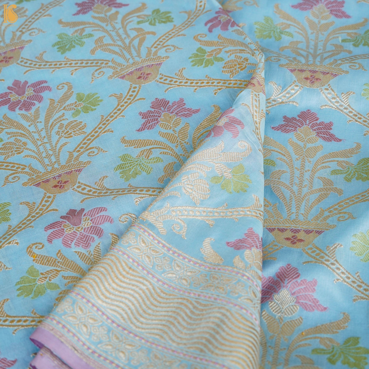 Cornflower Blue Pure Katan Silk Handwoven Banarasi Kadwa Guldasta Saree - Khinkhwab