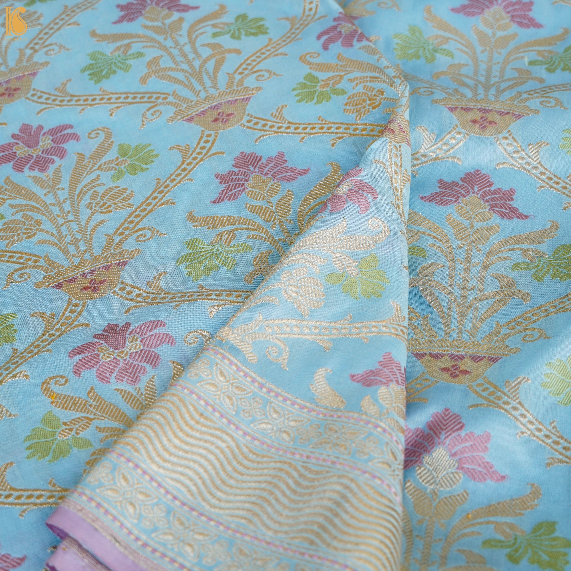 Cornflower Blue Pure Katan Silk Handwoven Banarasi Kadwa Guldasta Saree - Khinkhwab