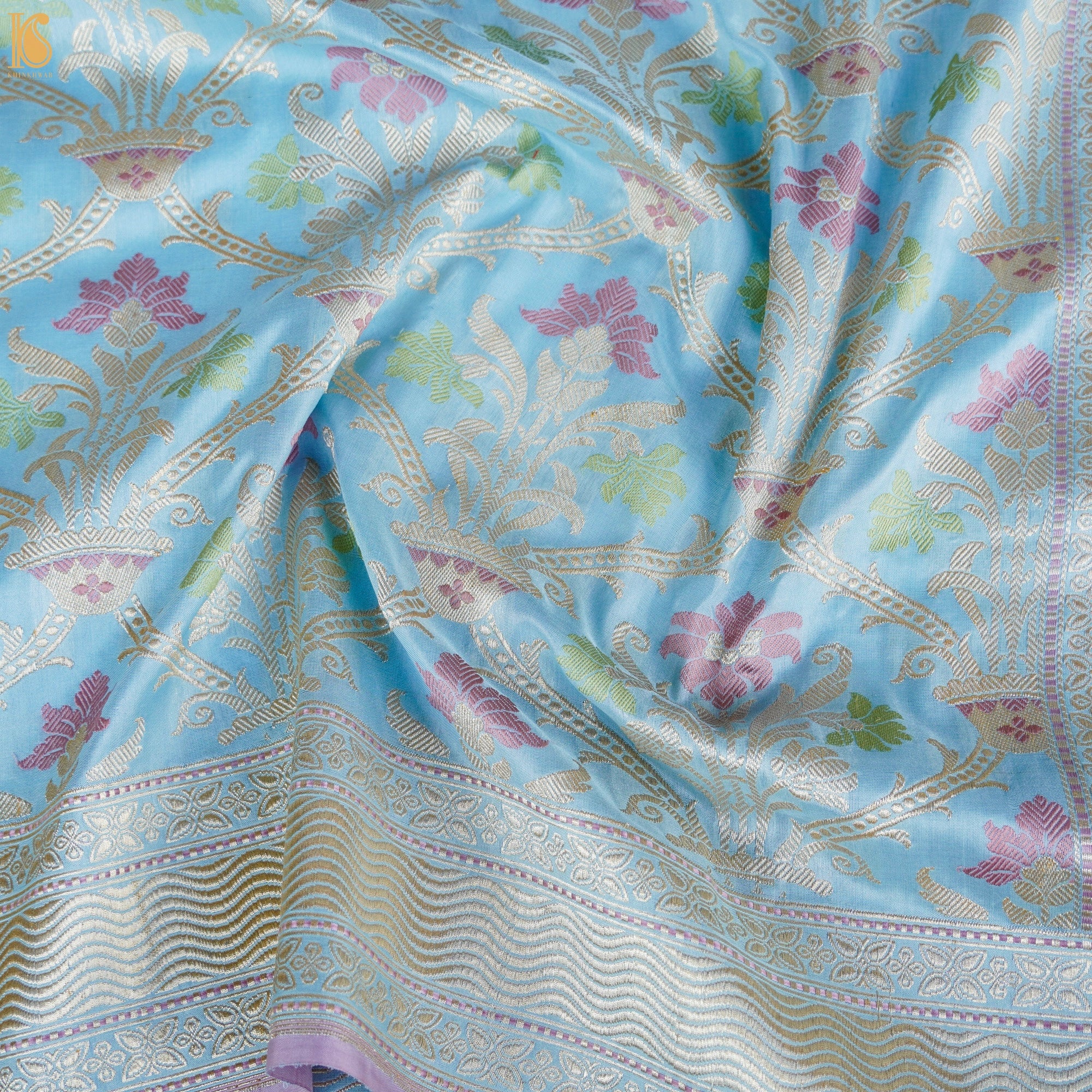 Cornflower Blue Pure Katan Silk Handwoven Banarasi Kadwa Guldasta Saree - Khinkhwab