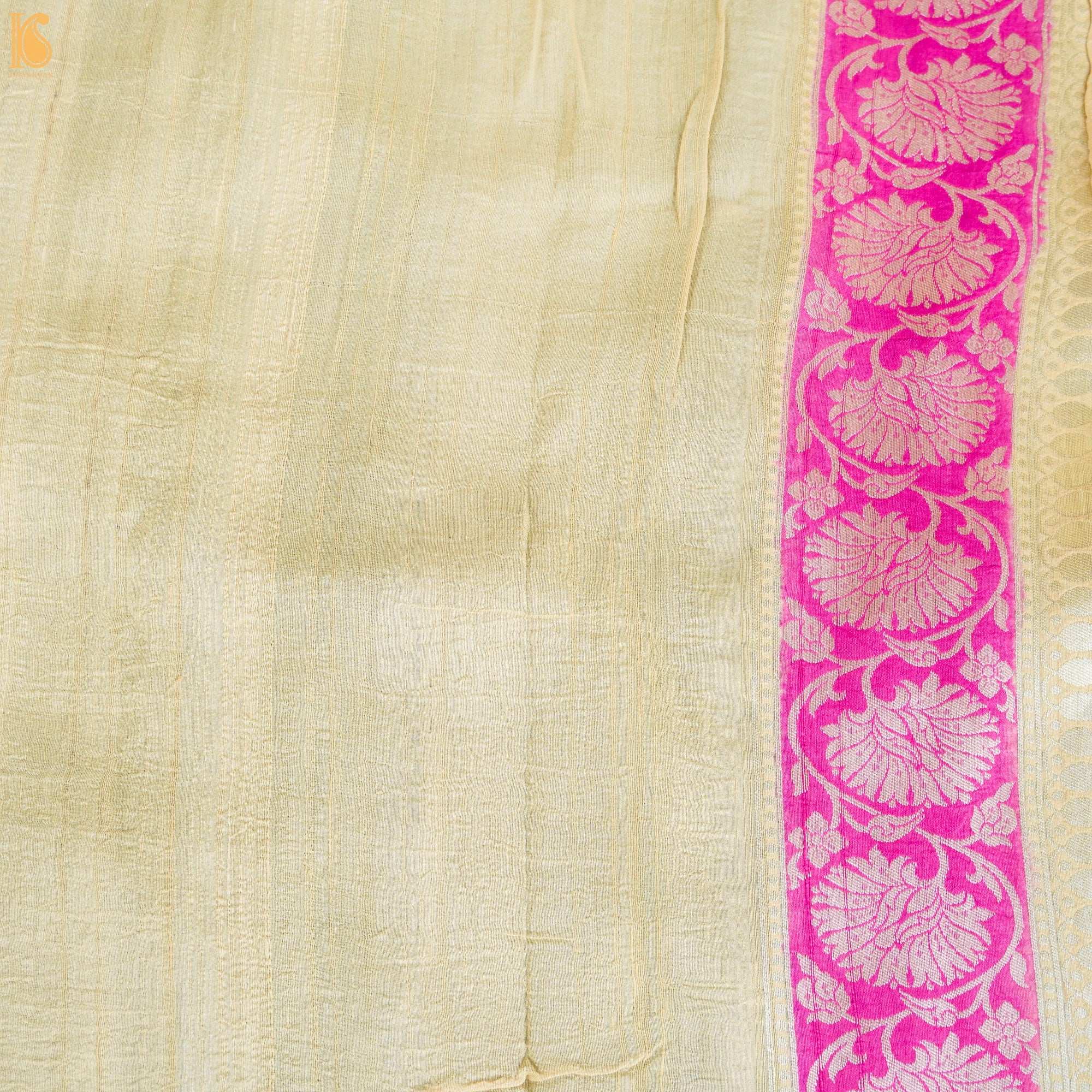 Parchment Yellow Pure Tussar Silk Handloom Banarasi Meenakari Shikargah Saree - Khinkhwab