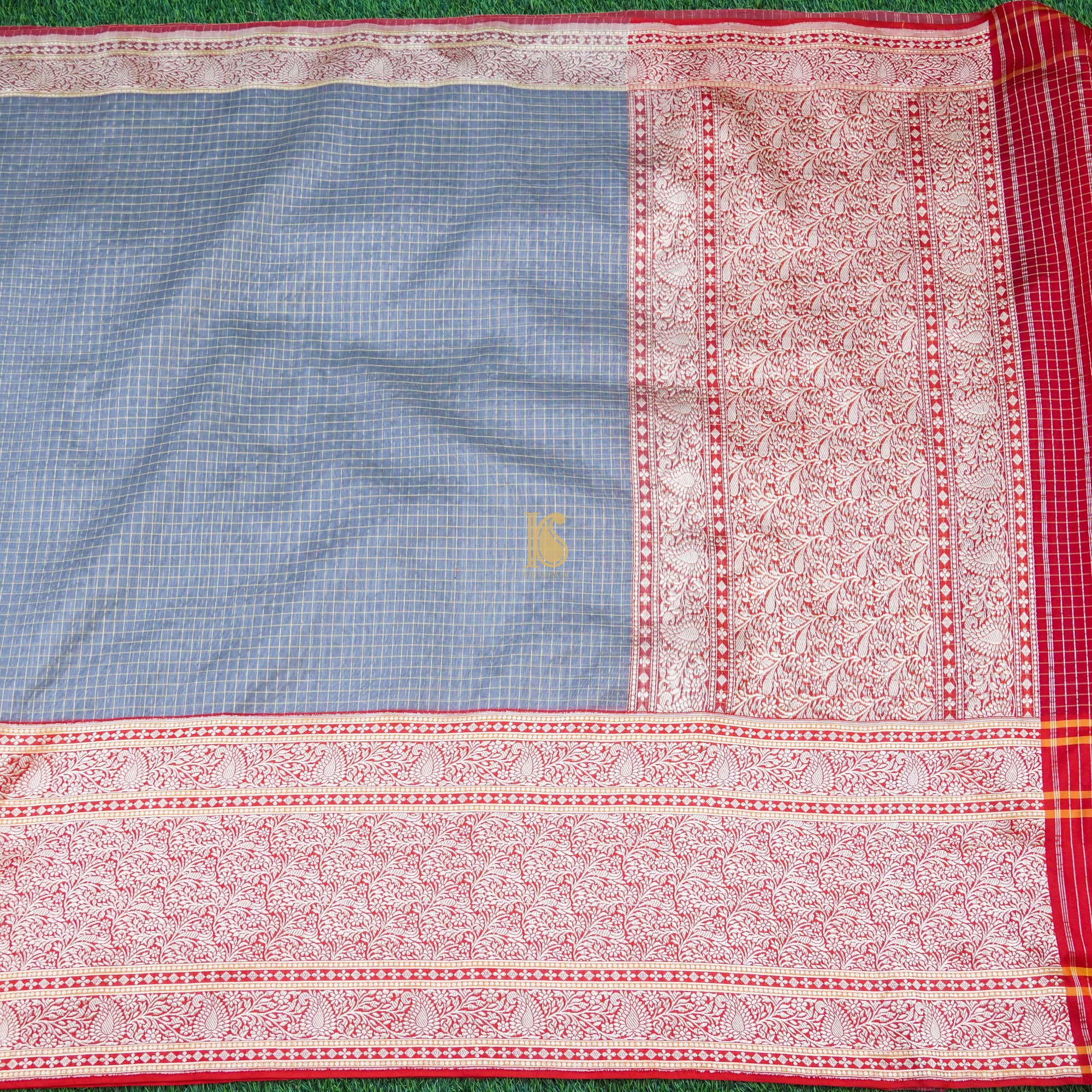 Rock Blue & Red Pure Kora Handloom Banarasi Check Saree - Khinkhwab
