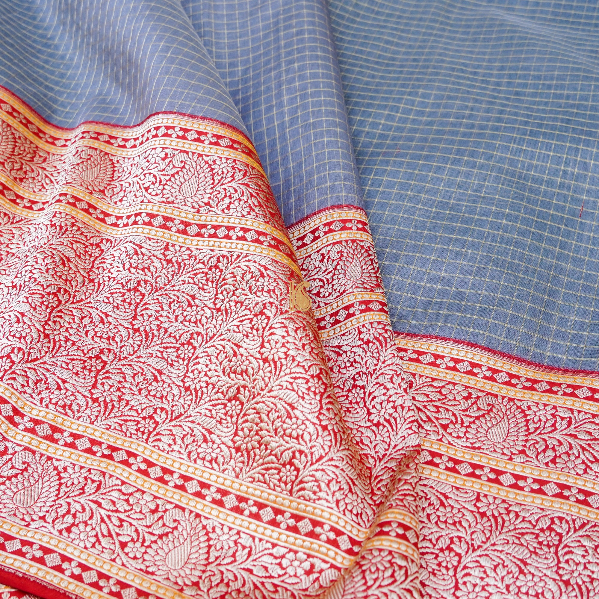 Rock Blue & Red Pure Kora Handloom Banarasi Check Saree - Khinkhwab