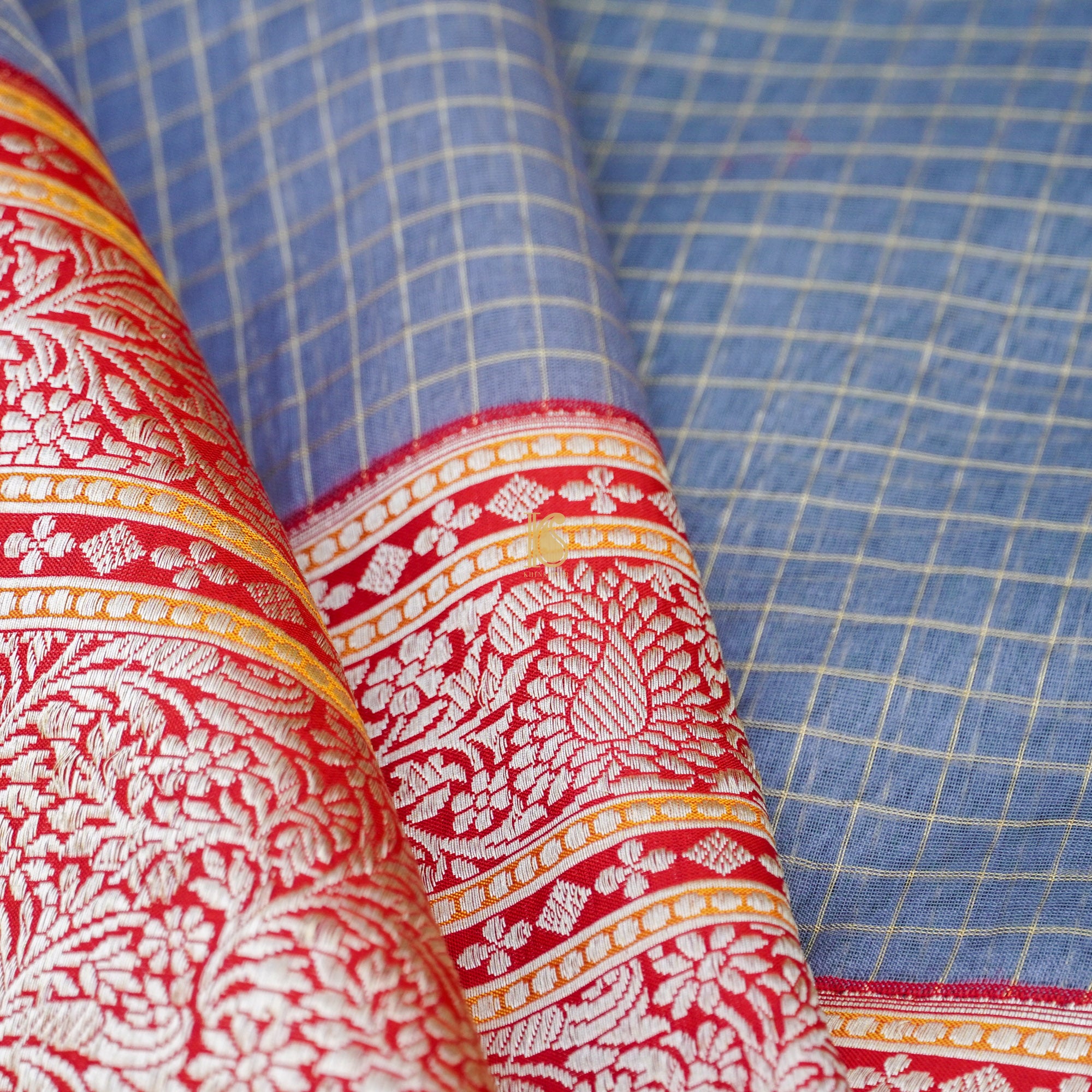Rock Blue & Red Pure Kora Handloom Banarasi Check Saree - Khinkhwab