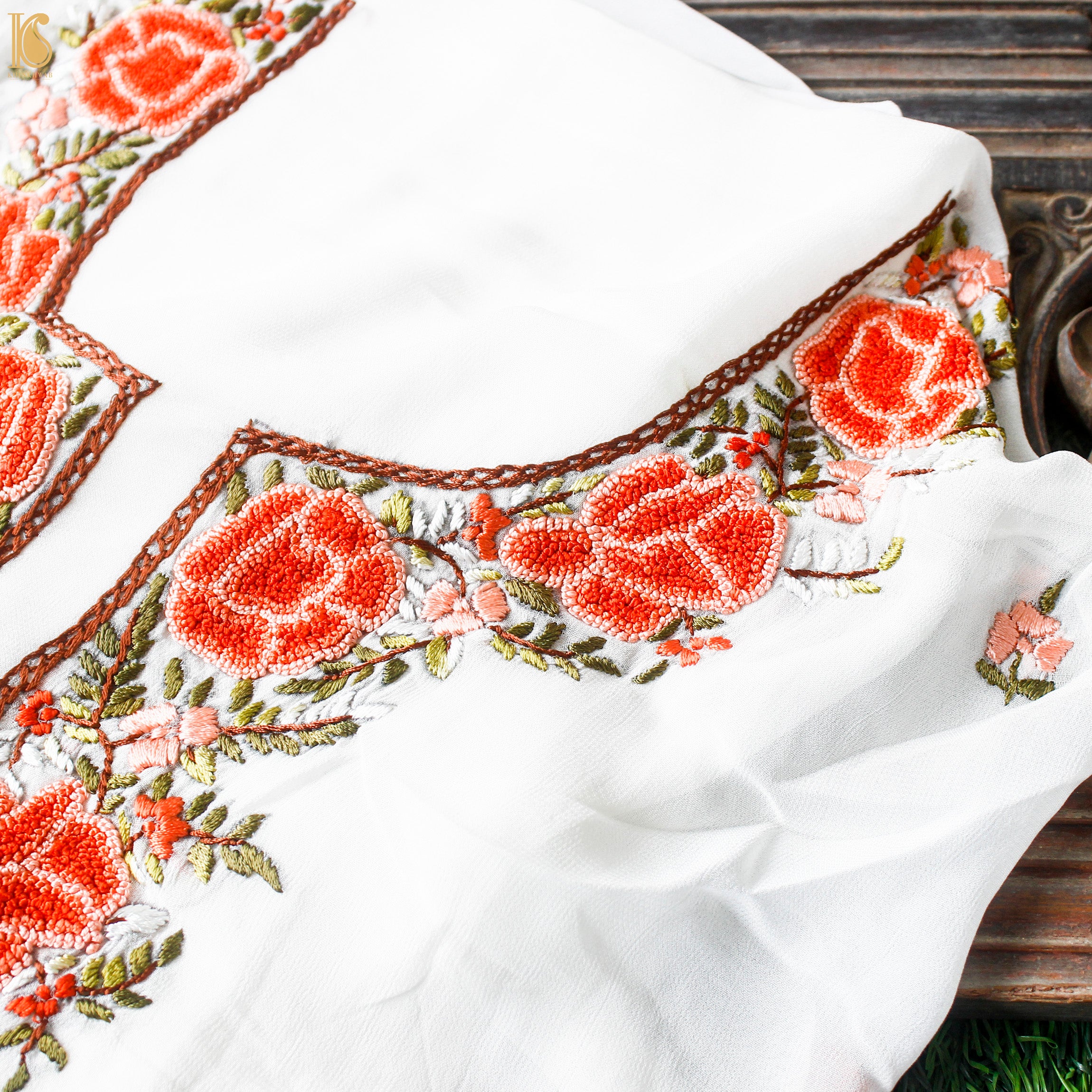 White Handcrafted Parsi Gara Viscose Georgette Kurta Fabric - Khinkhwab