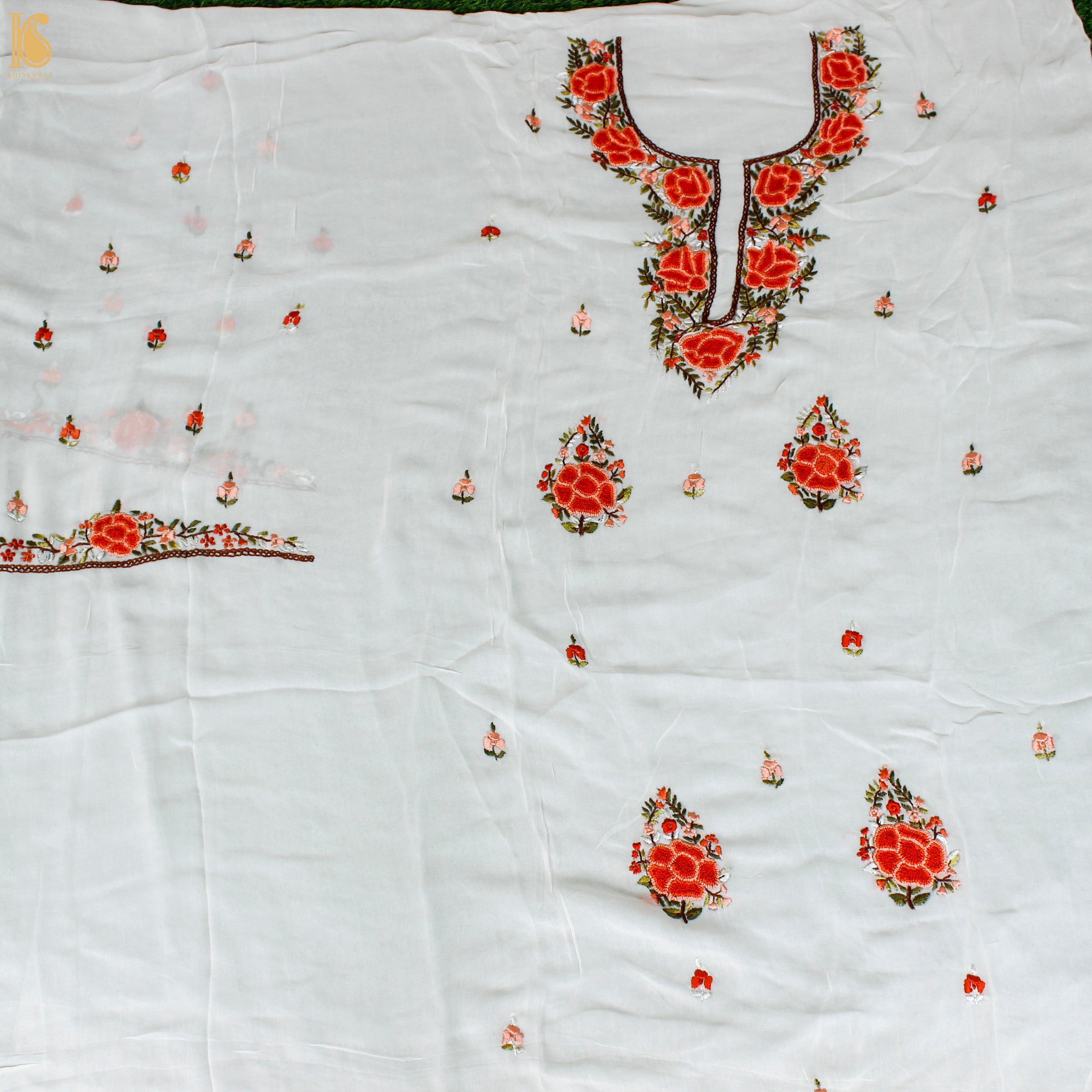 White Handcrafted Parsi Gara Viscose Georgette Kurta Fabric - Khinkhwab
