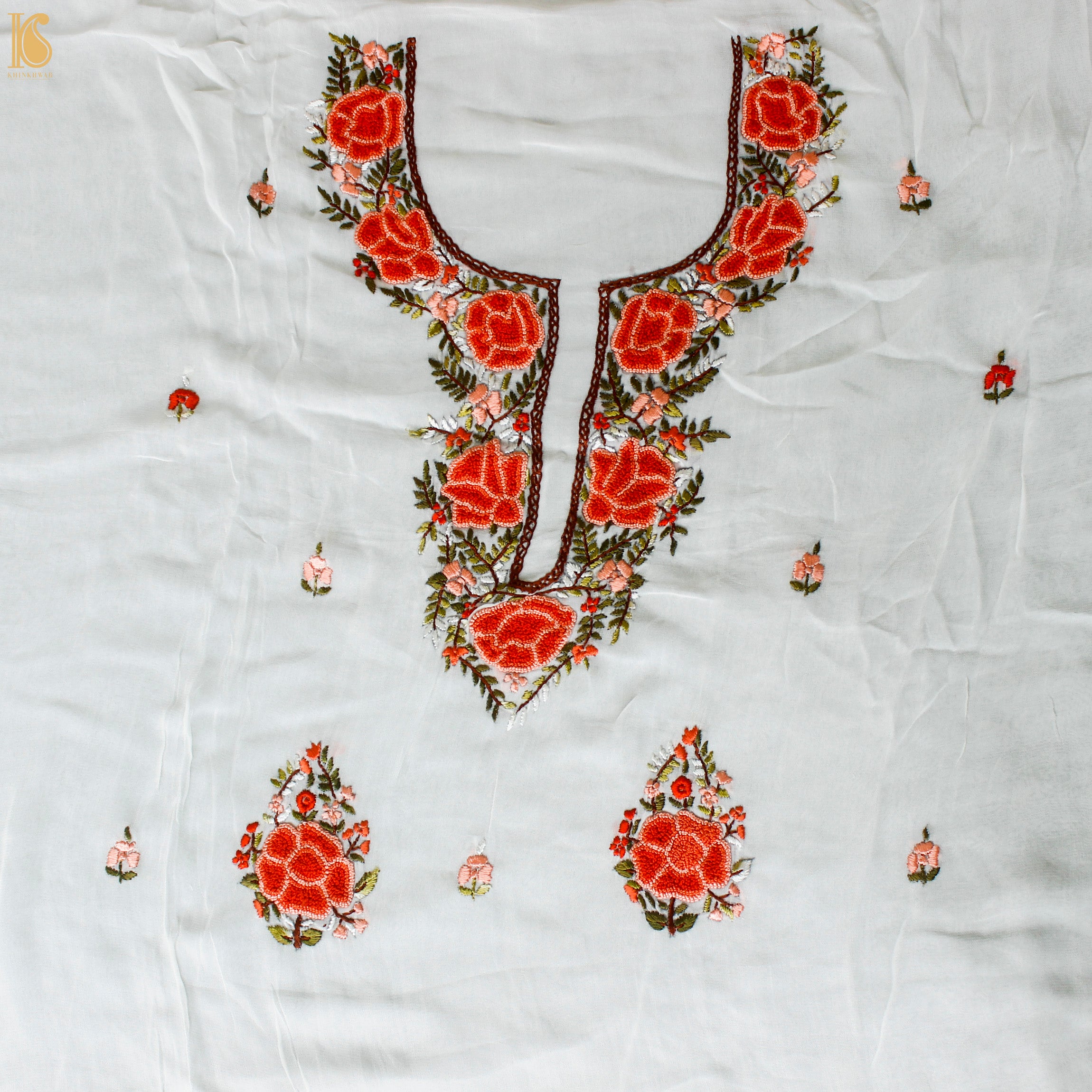 White Handcrafted Parsi Gara Viscose Georgette Kurta Fabric - Khinkhwab