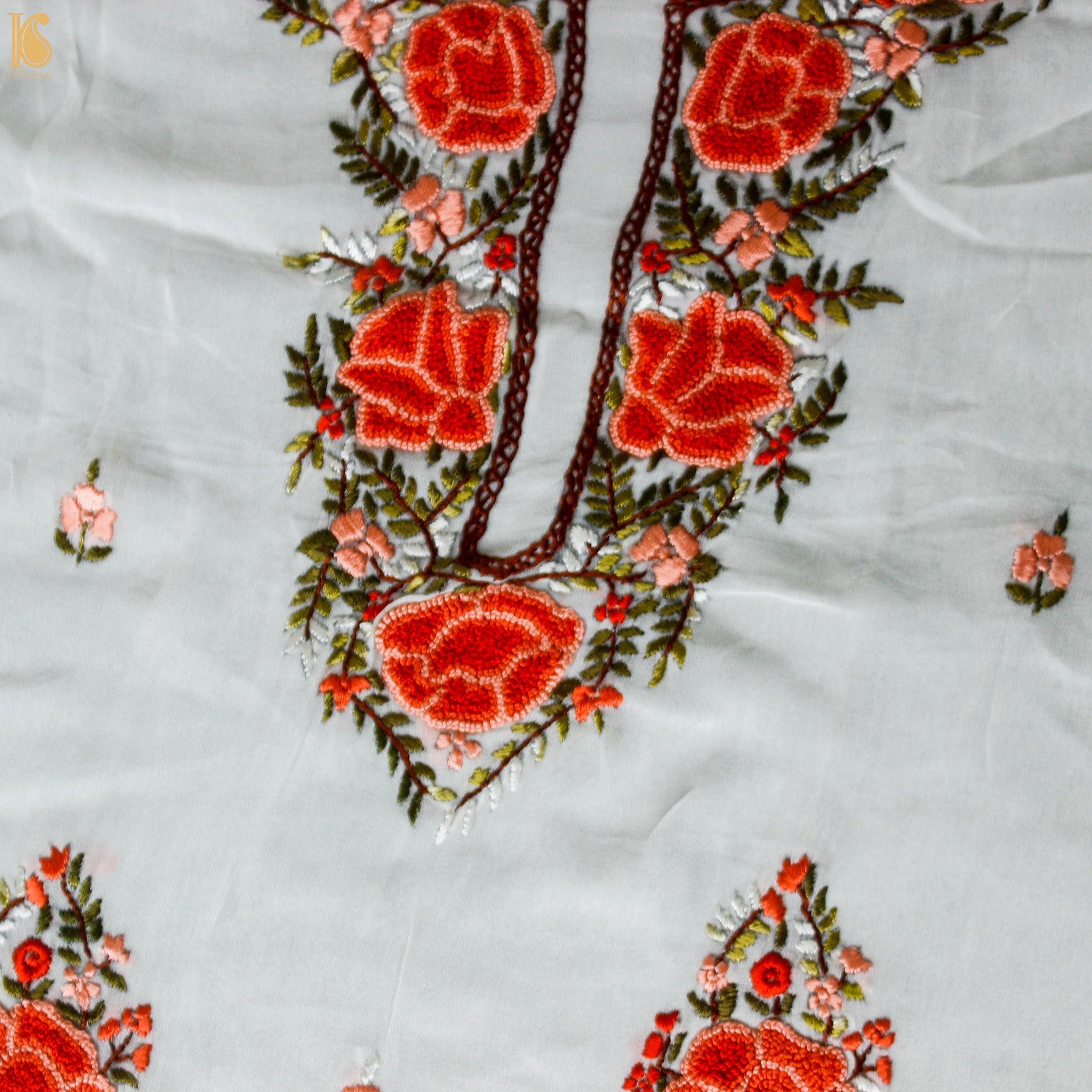 White Handcrafted Parsi Gara Viscose Georgette Kurta Fabric - Khinkhwab