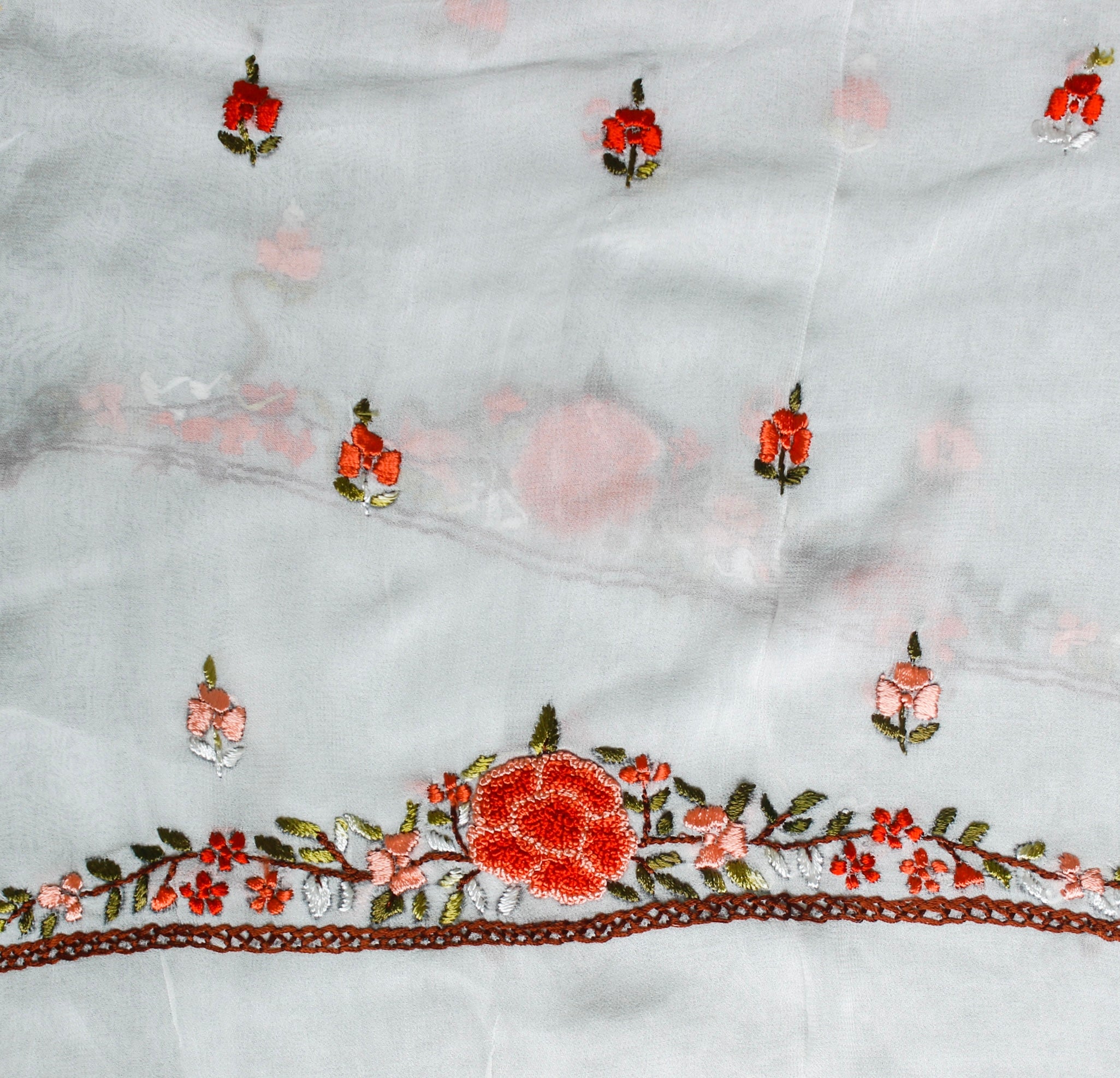 White Handcrafted Parsi Gara Viscose Georgette Kurta Fabric - Khinkhwab