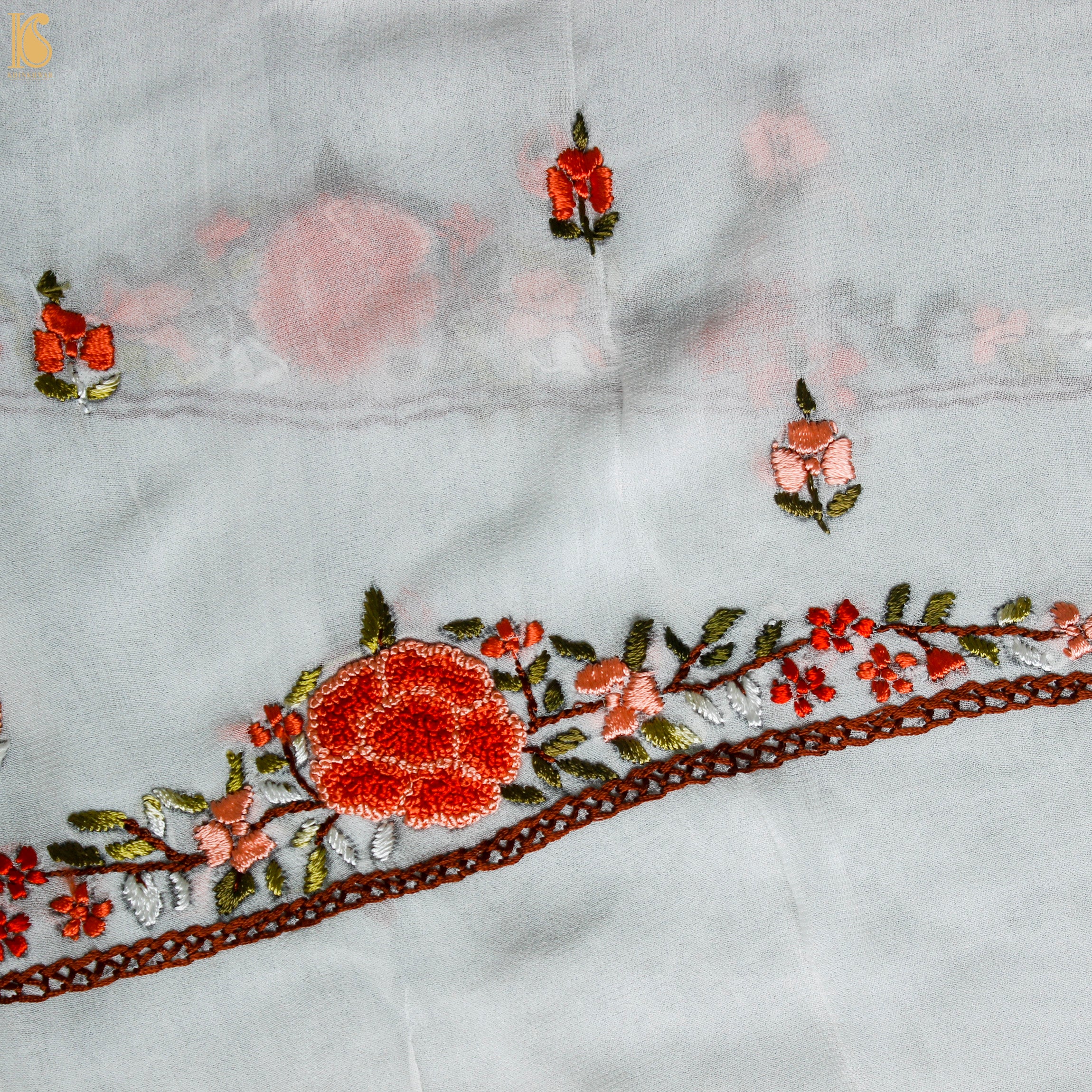 White Handcrafted Parsi Gara Viscose Georgette Kurta Fabric - Khinkhwab