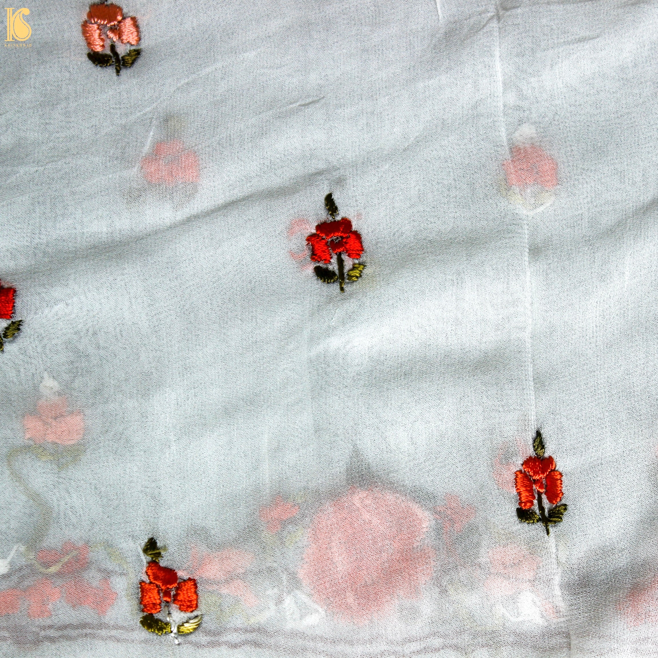 White Handcrafted Parsi Gara Viscose Georgette Kurta Fabric - Khinkhwab