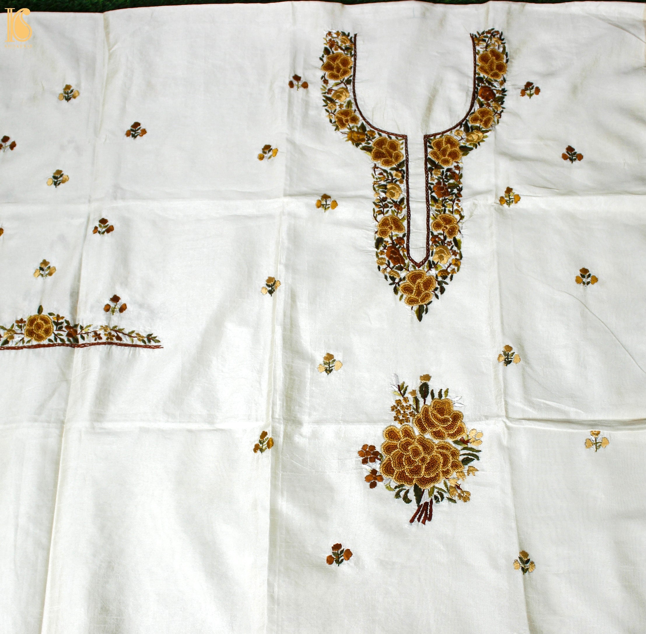 White Handcrafted Parsi Gara Dupion Silk Kurta Fabric - Khinkhwab