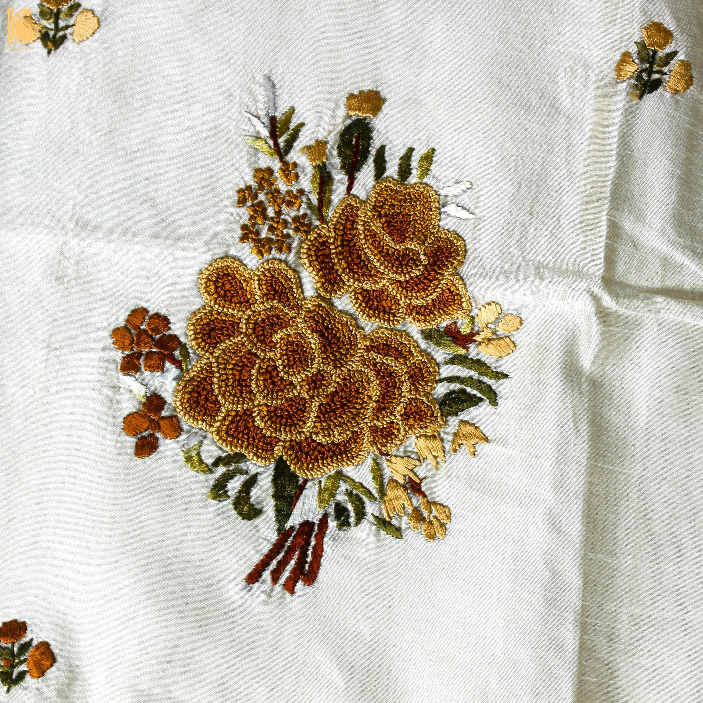 White Handcrafted Parsi Gara Dupion Silk Kurta Fabric - Khinkhwab