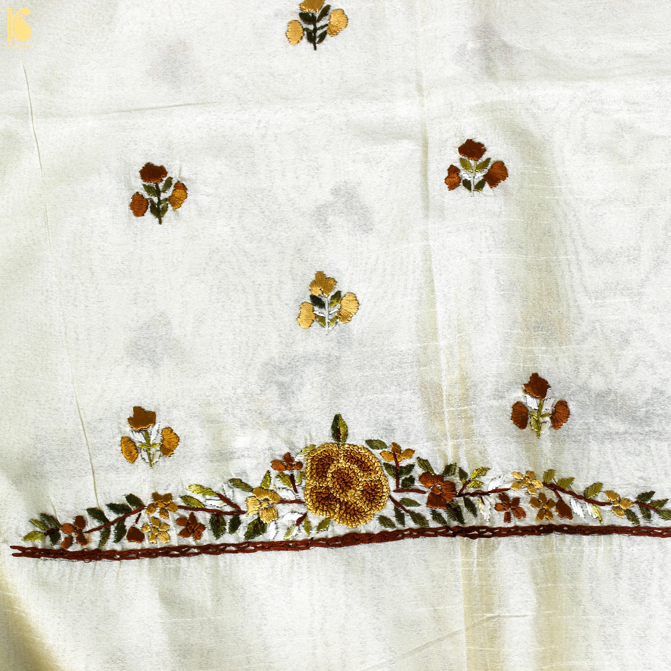 White Handcrafted Parsi Gara Dupion Silk Kurta Fabric - Khinkhwab
