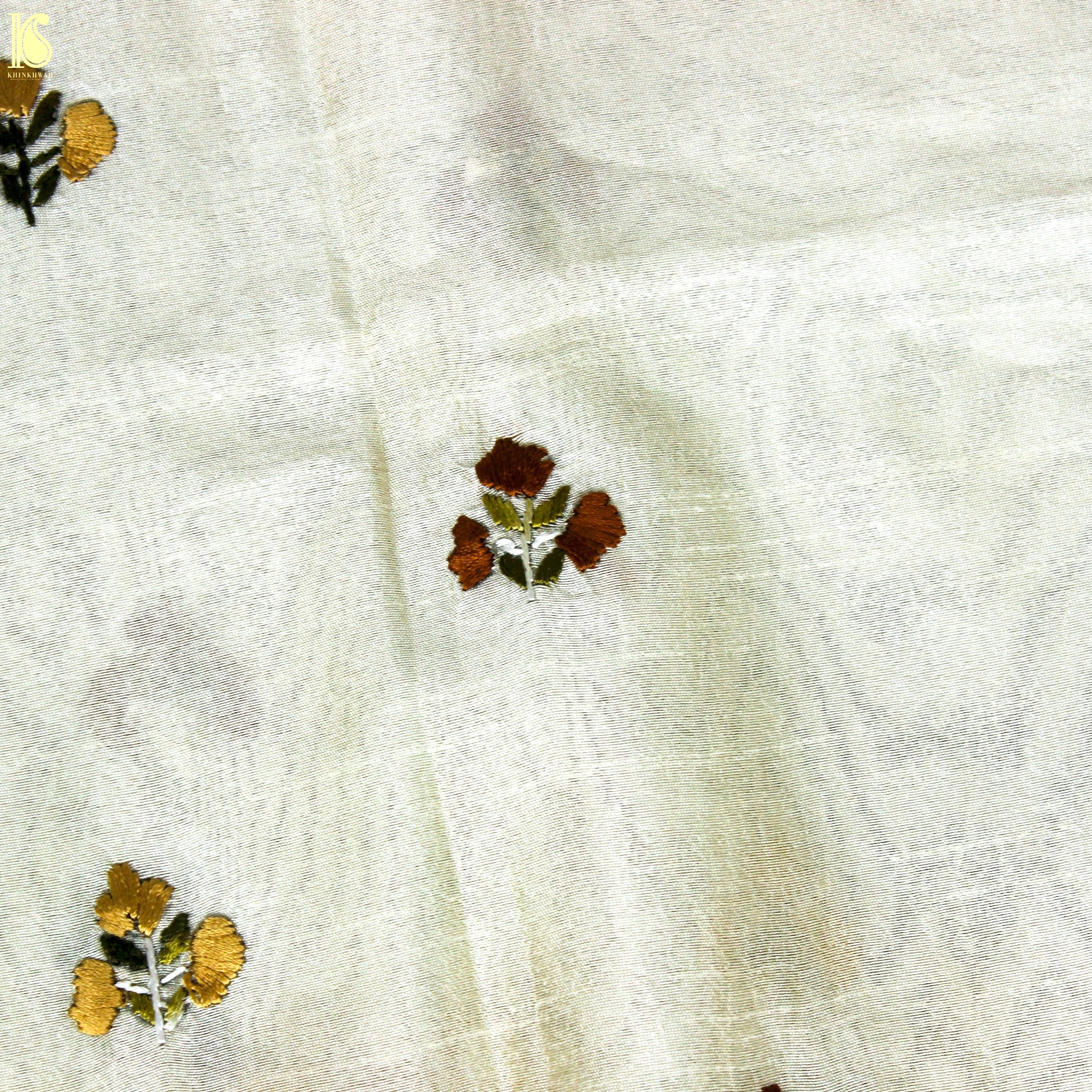 White Handcrafted Parsi Gara Dupion Silk Kurta Fabric - Khinkhwab