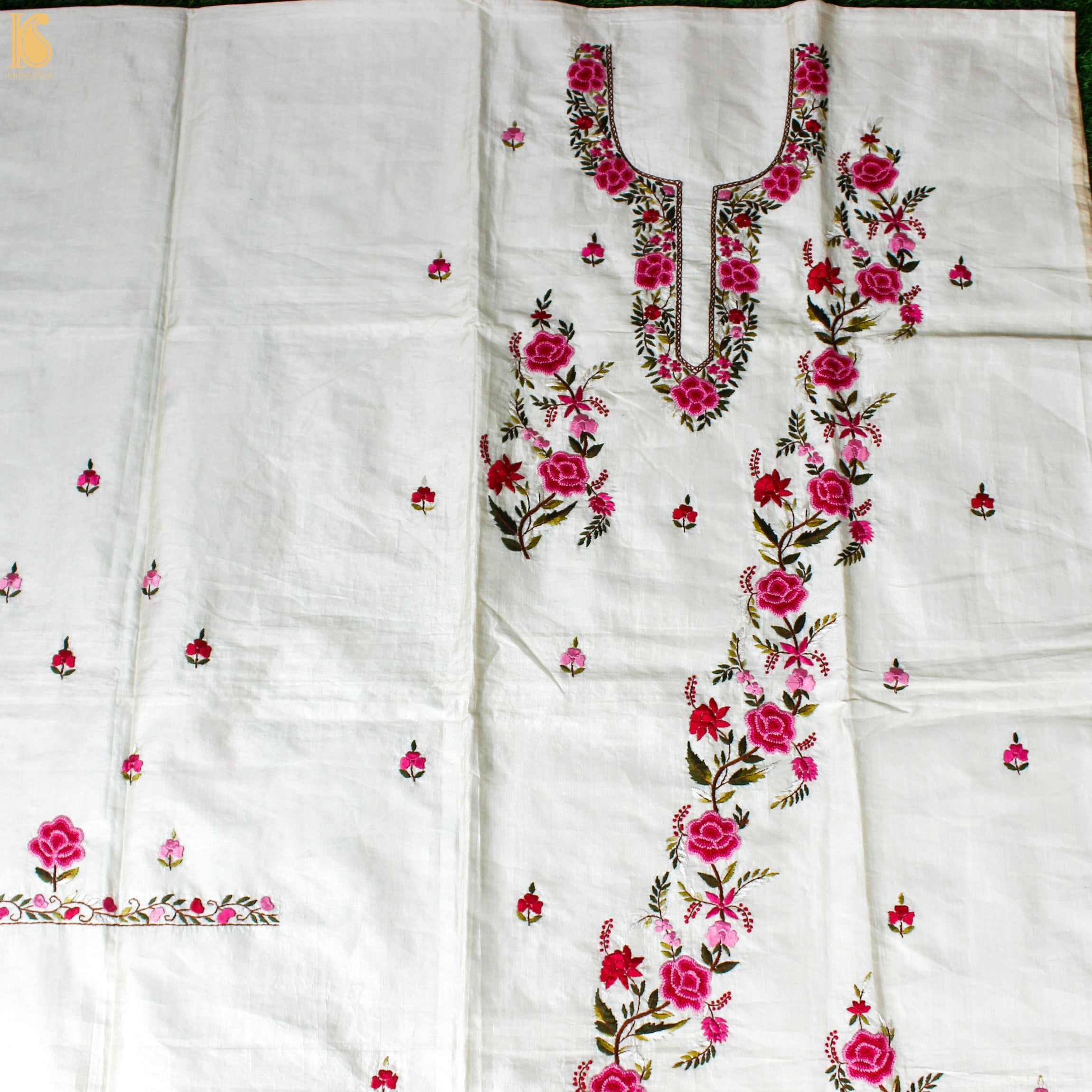 White Handcrafted Parsi Gara Dupion Silk Kurta Fabric - Khinkhwab
