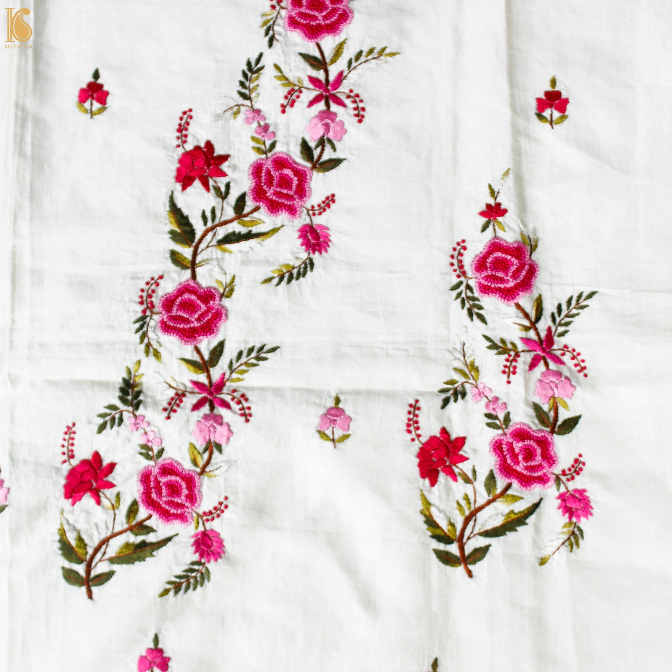 White Handcrafted Parsi Gara Dupion Silk Kurta Fabric - Khinkhwab