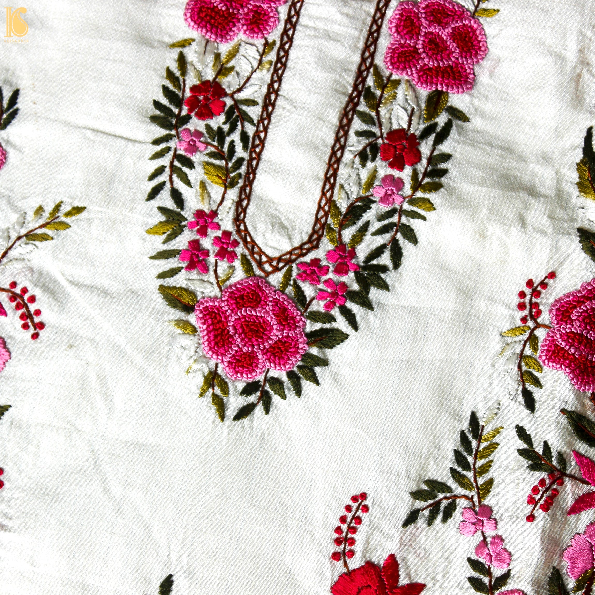 White Handcrafted Parsi Gara Dupion Silk Kurta Fabric - Khinkhwab