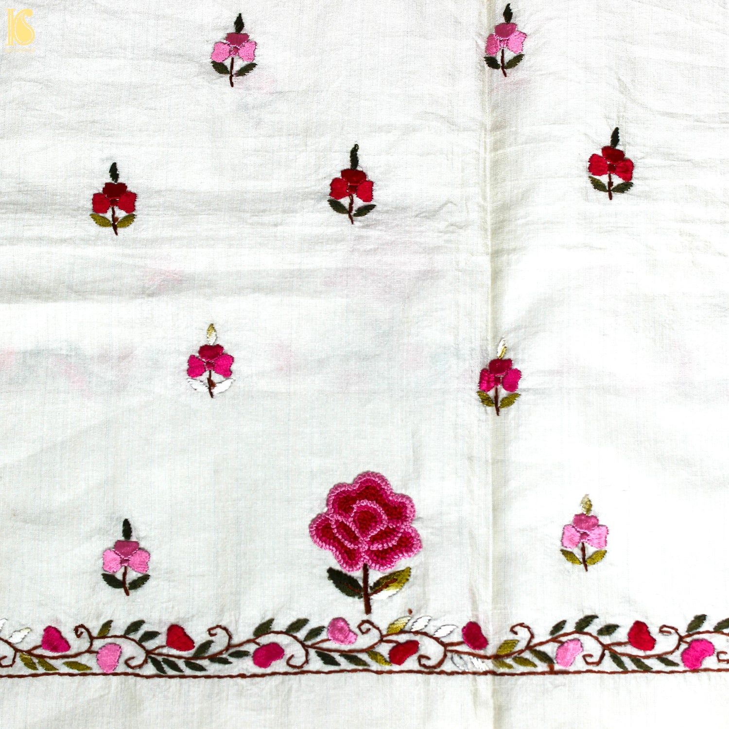 White Handcrafted Parsi Gara Dupion Silk Kurta Fabric - Khinkhwab