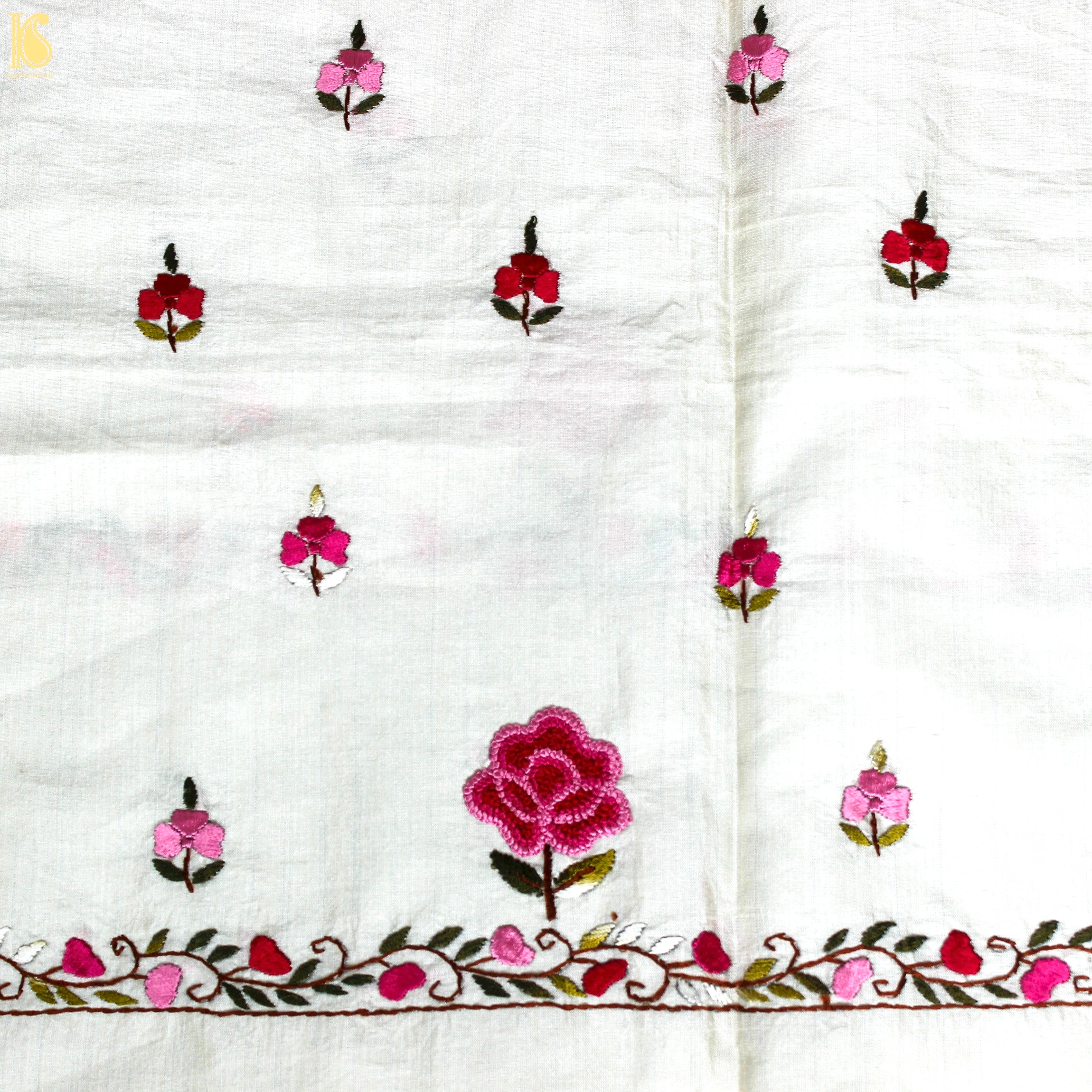 White Handcrafted Parsi Gara Dupion Silk Kurta Fabric - Khinkhwab