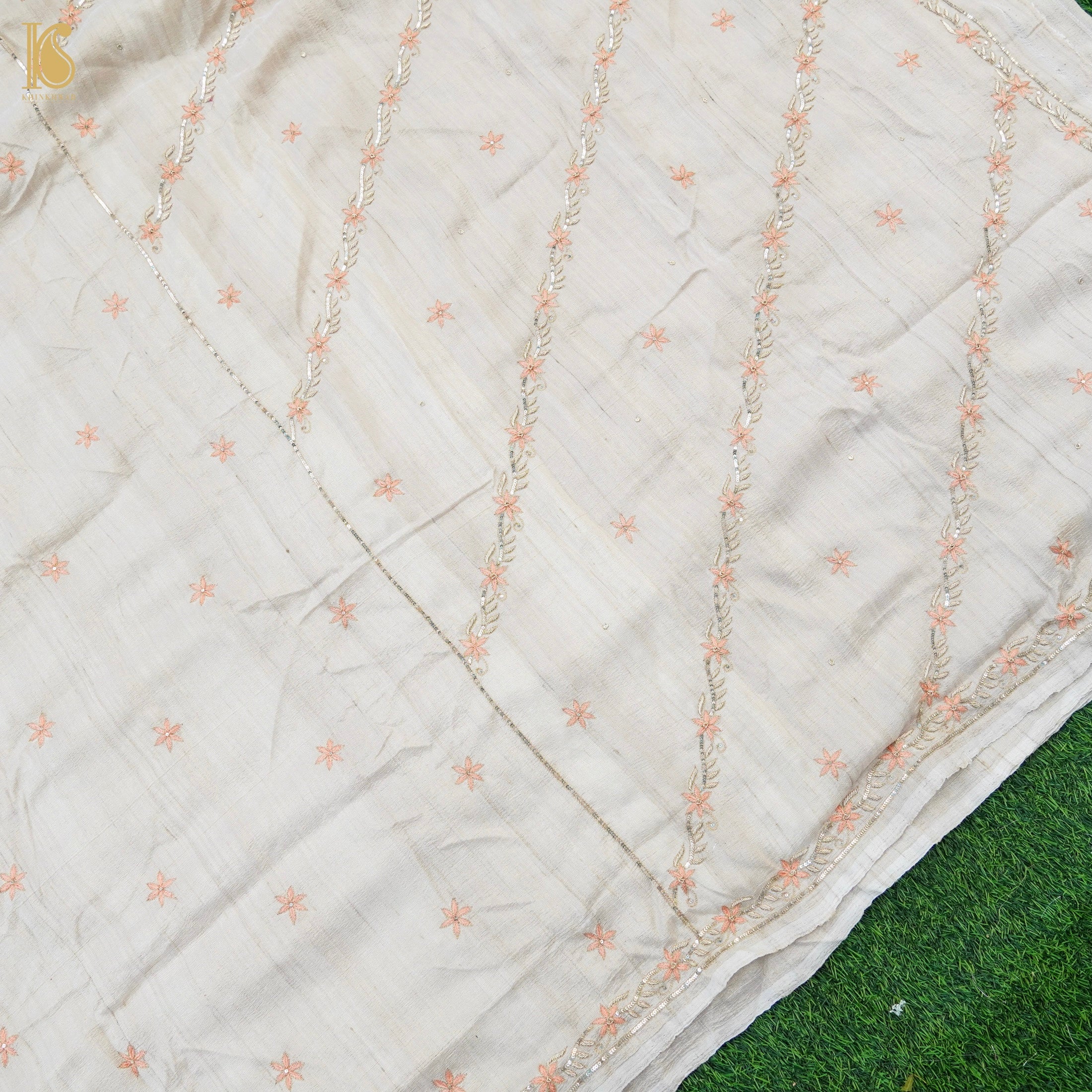 Beige Pure Tussar Silk Handloom Banarasi Chikankari Saree - Khinkhwab
