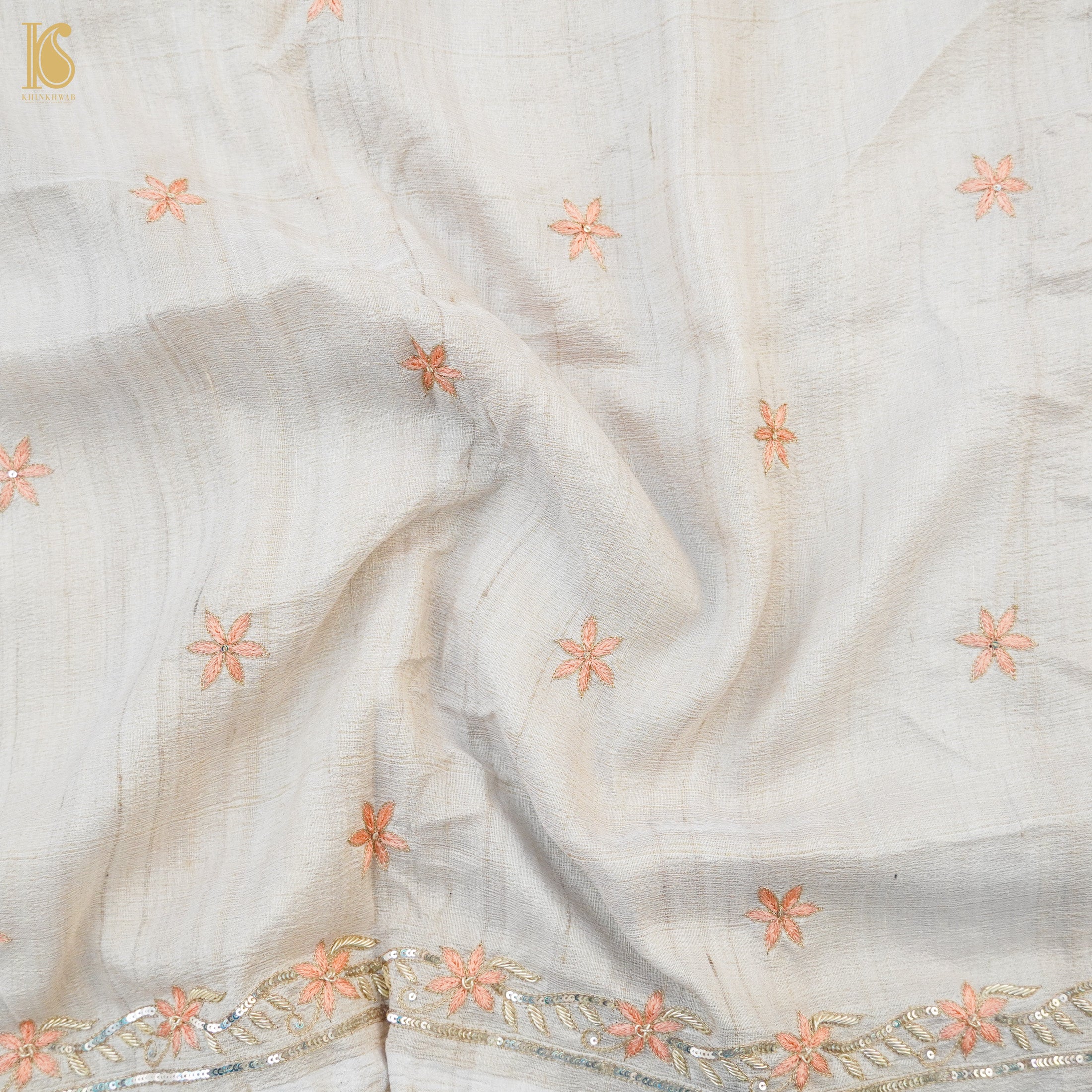 Beige Pure Tussar Silk Handloom Banarasi Chikankari Saree - Khinkhwab