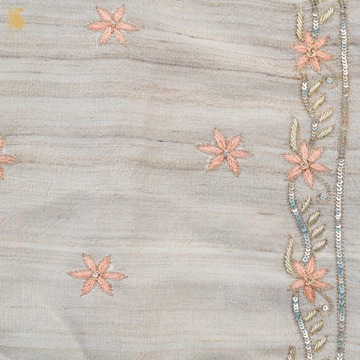 Beige Pure Tussar Silk Handloom Banarasi Chikankari Saree - Khinkhwab