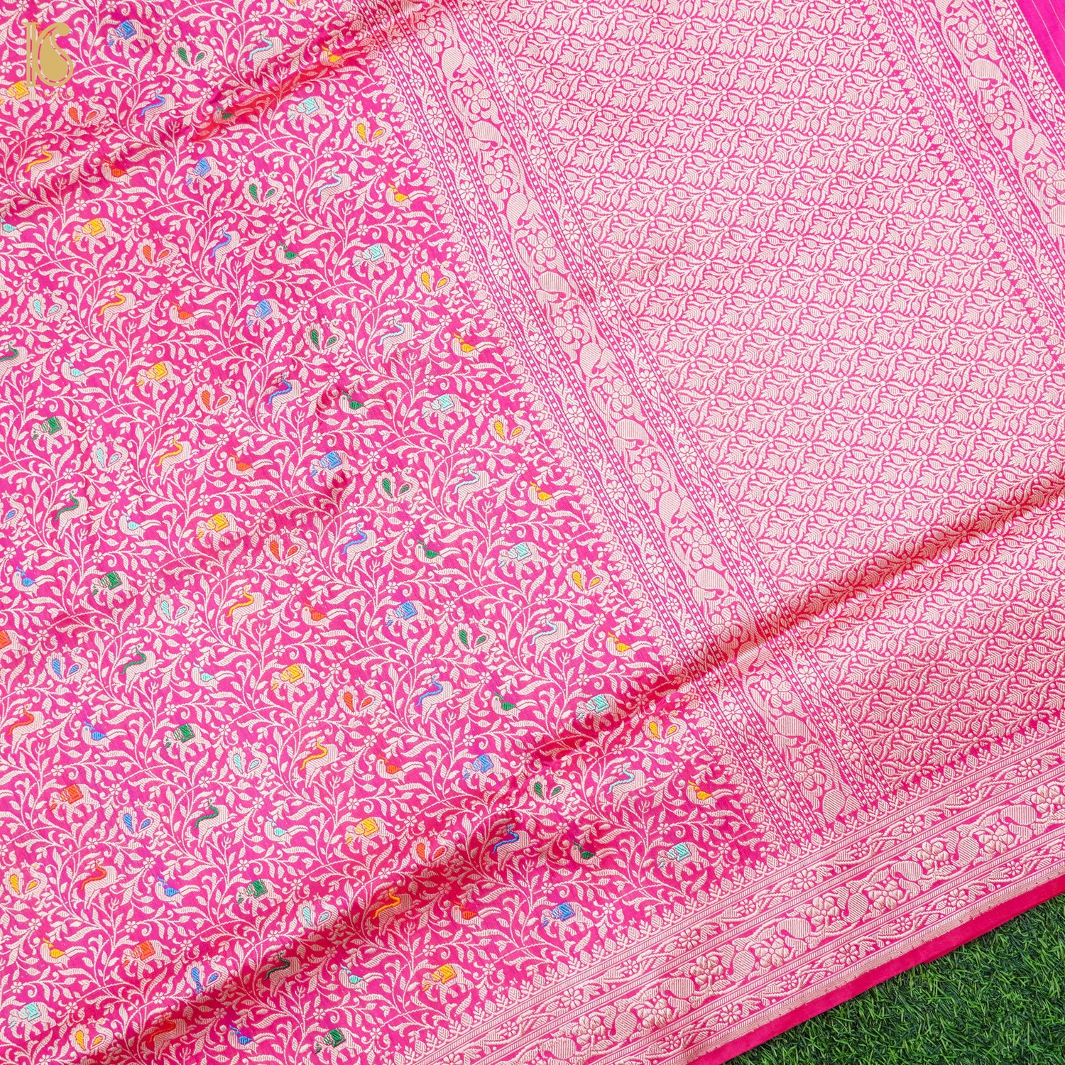 Brilliant Rose Handloom Katan Silk Banarasi Shikargah Saree - Khinkhwab
