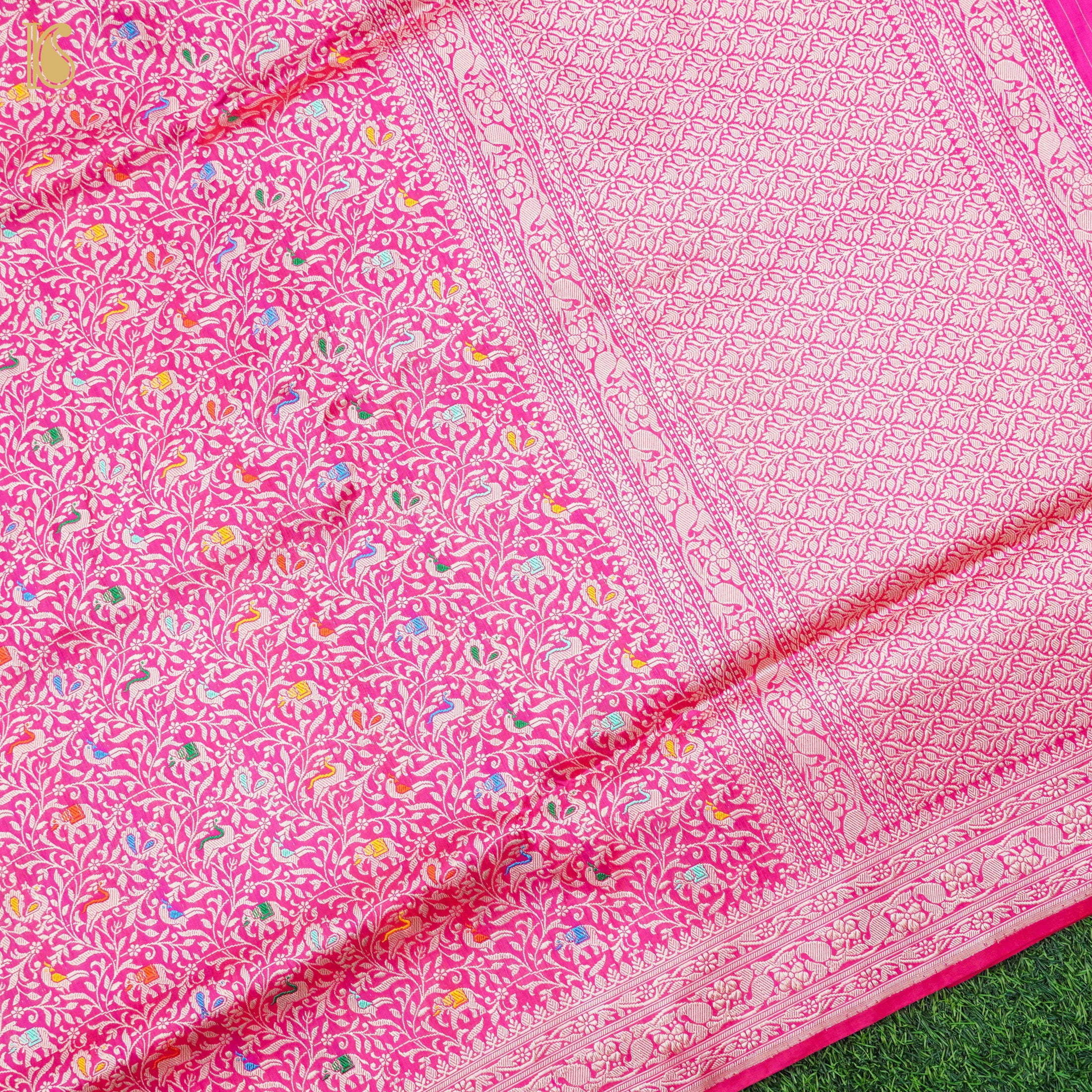 Brilliant Rose Handloom Katan Silk Banarasi Shikargah Saree - Khinkhwab