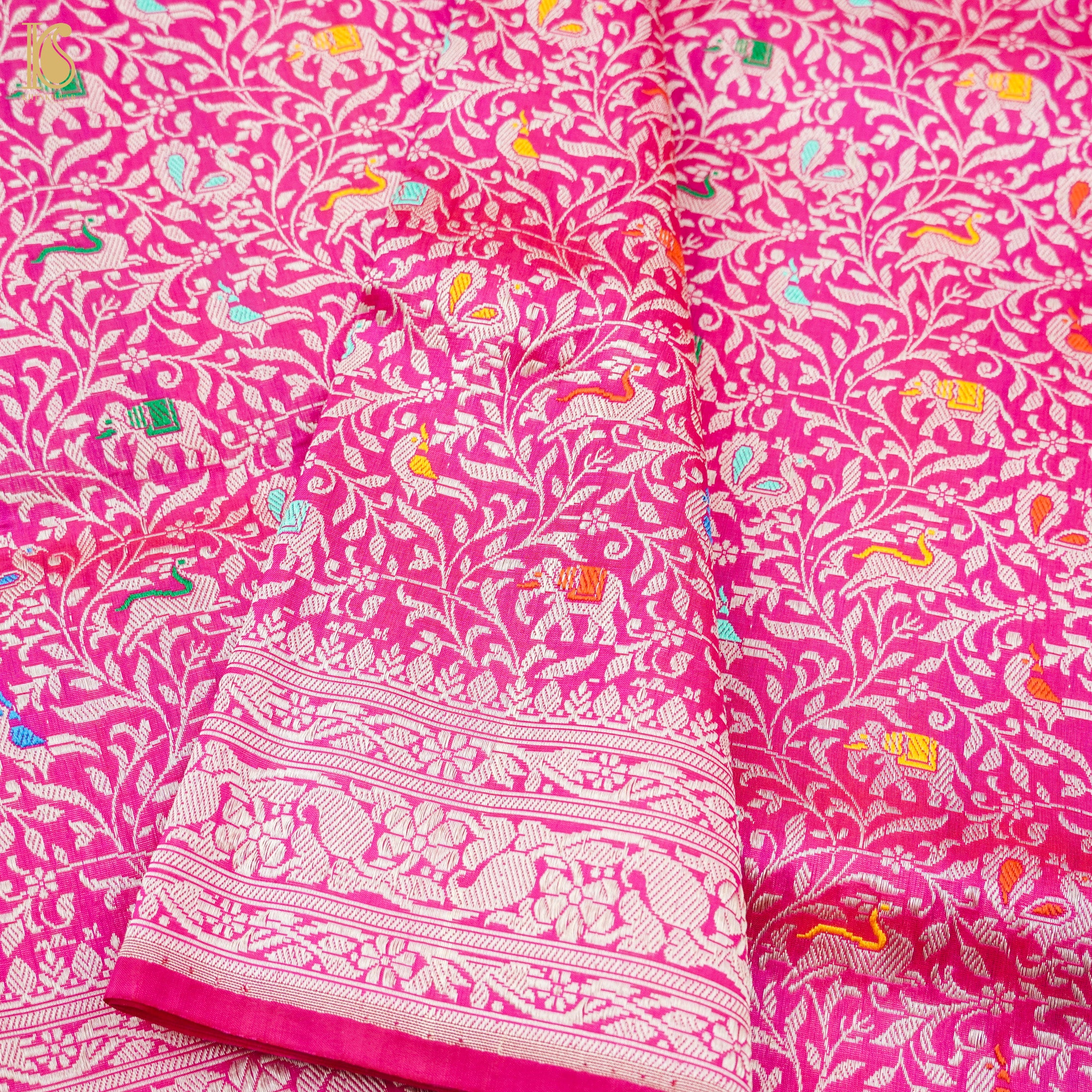 Brilliant Rose Handloom Katan Silk Banarasi Shikargah Saree - Khinkhwab