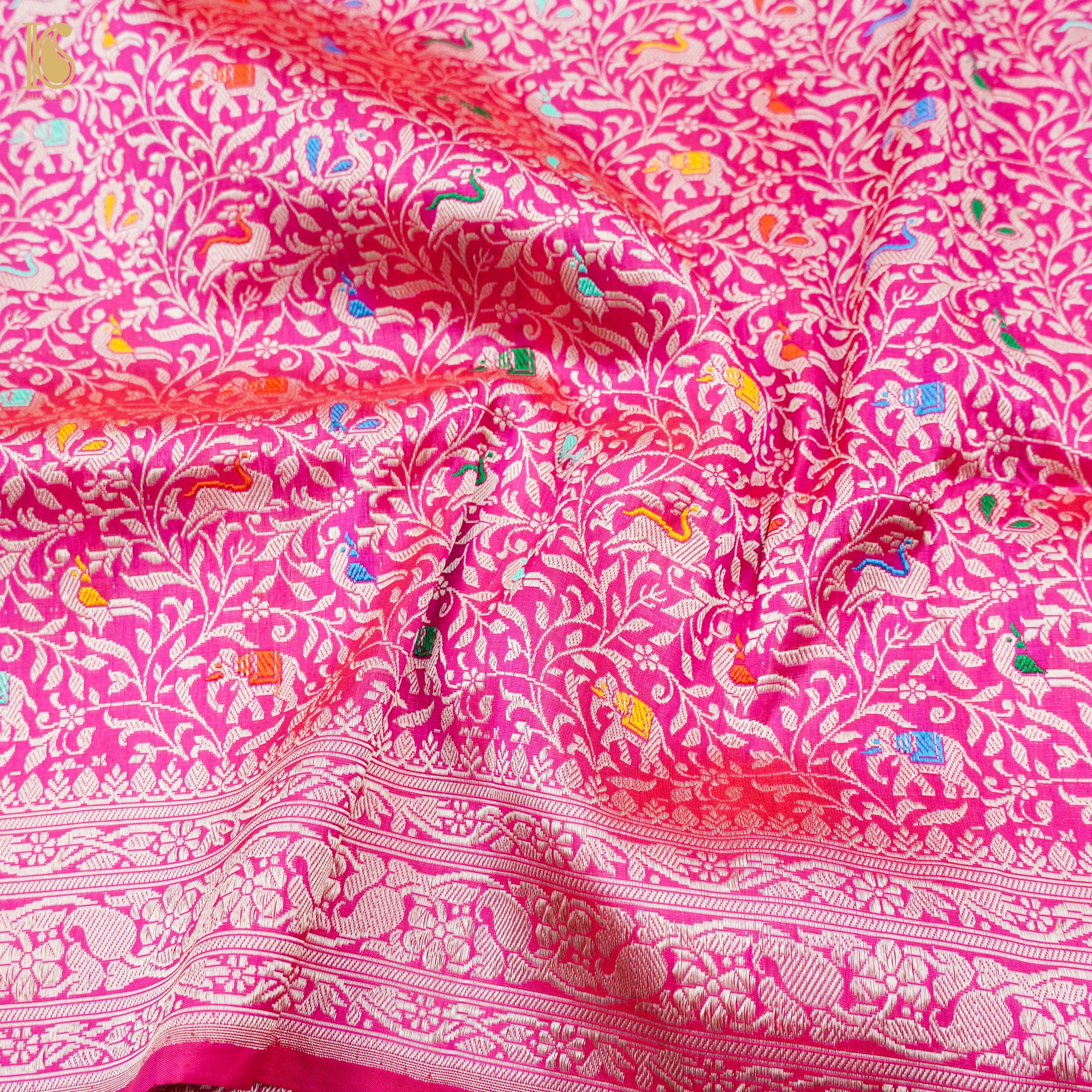 Brilliant Rose Handloom Katan Silk Banarasi Shikargah Saree - Khinkhwab