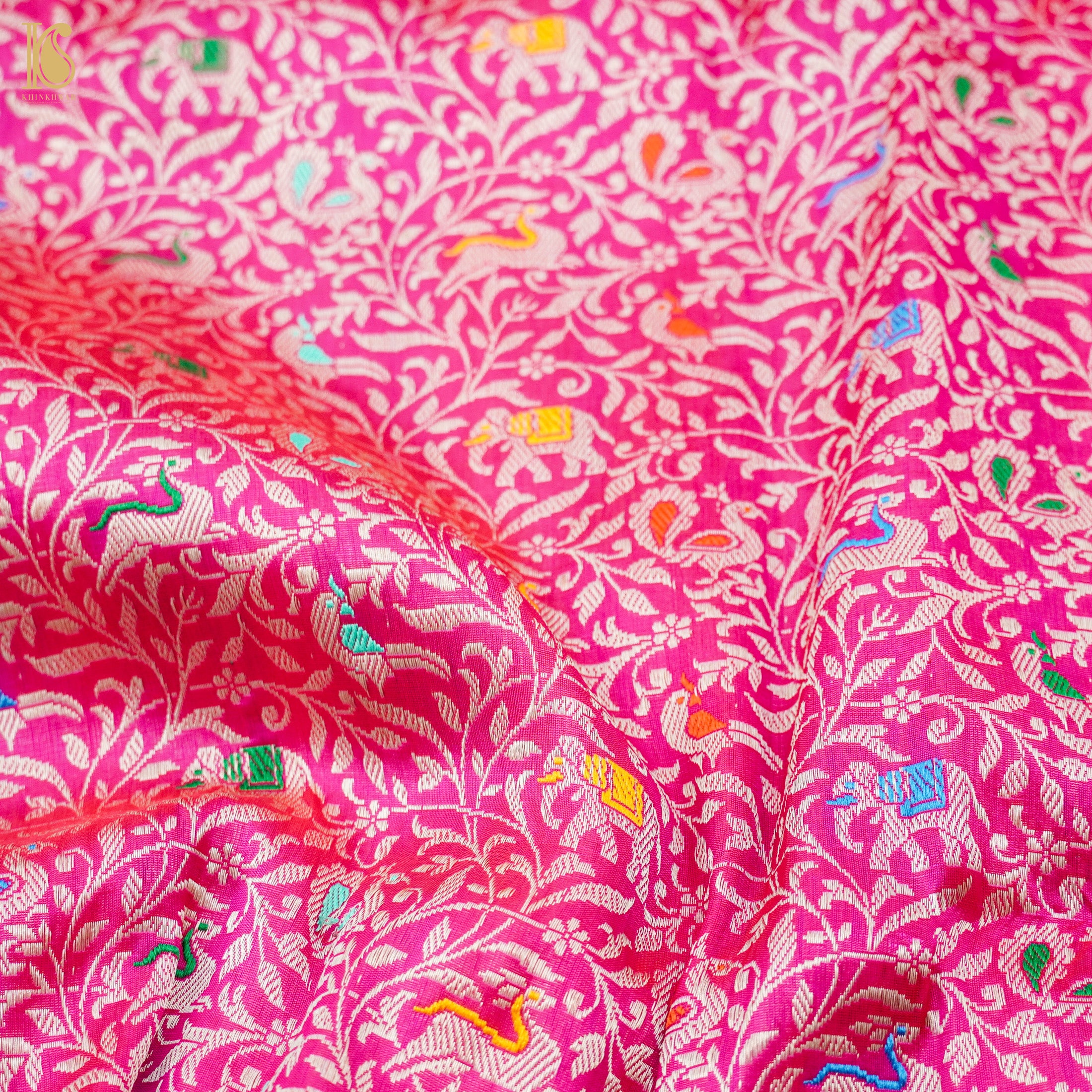 Brilliant Rose Handloom Katan Silk Banarasi Shikargah Saree - Khinkhwab