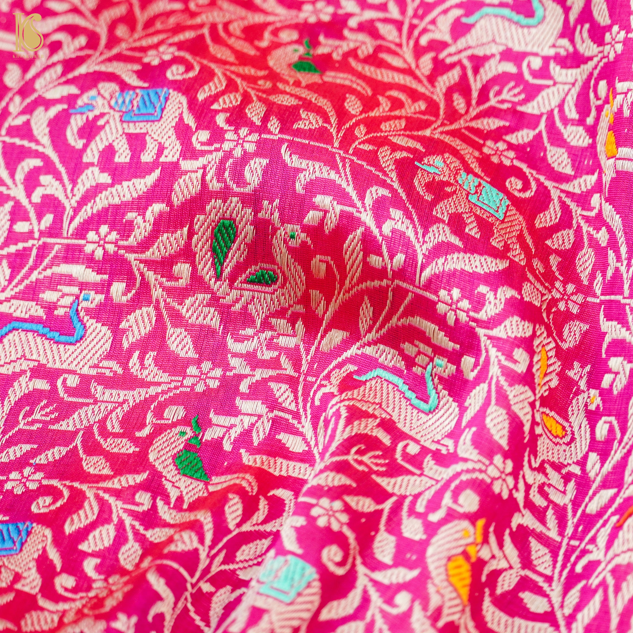 Brilliant Rose Handloom Katan Silk Banarasi Shikargah Saree - Khinkhwab