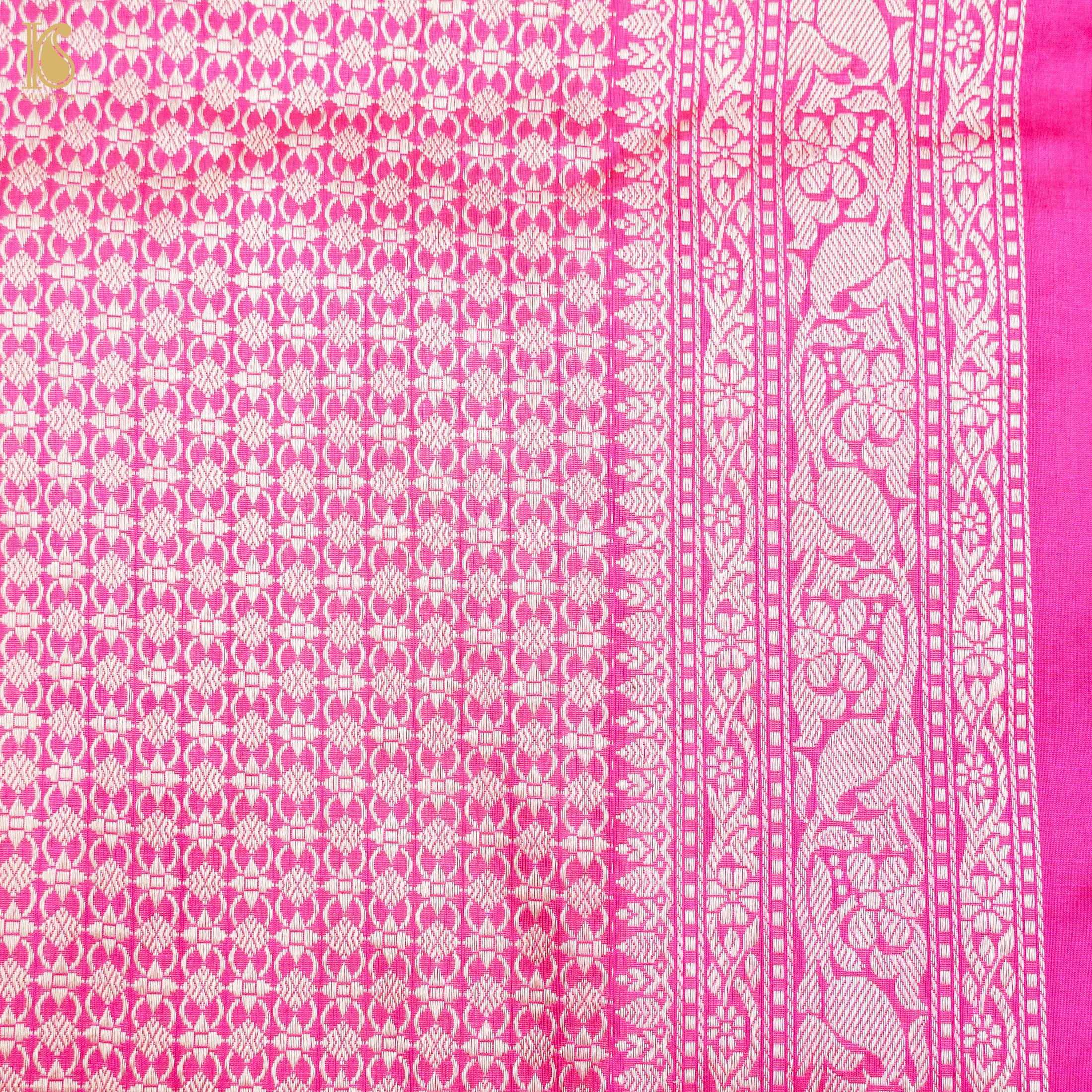 Brilliant Rose Handloom Katan Silk Banarasi Shikargah Saree - Khinkhwab