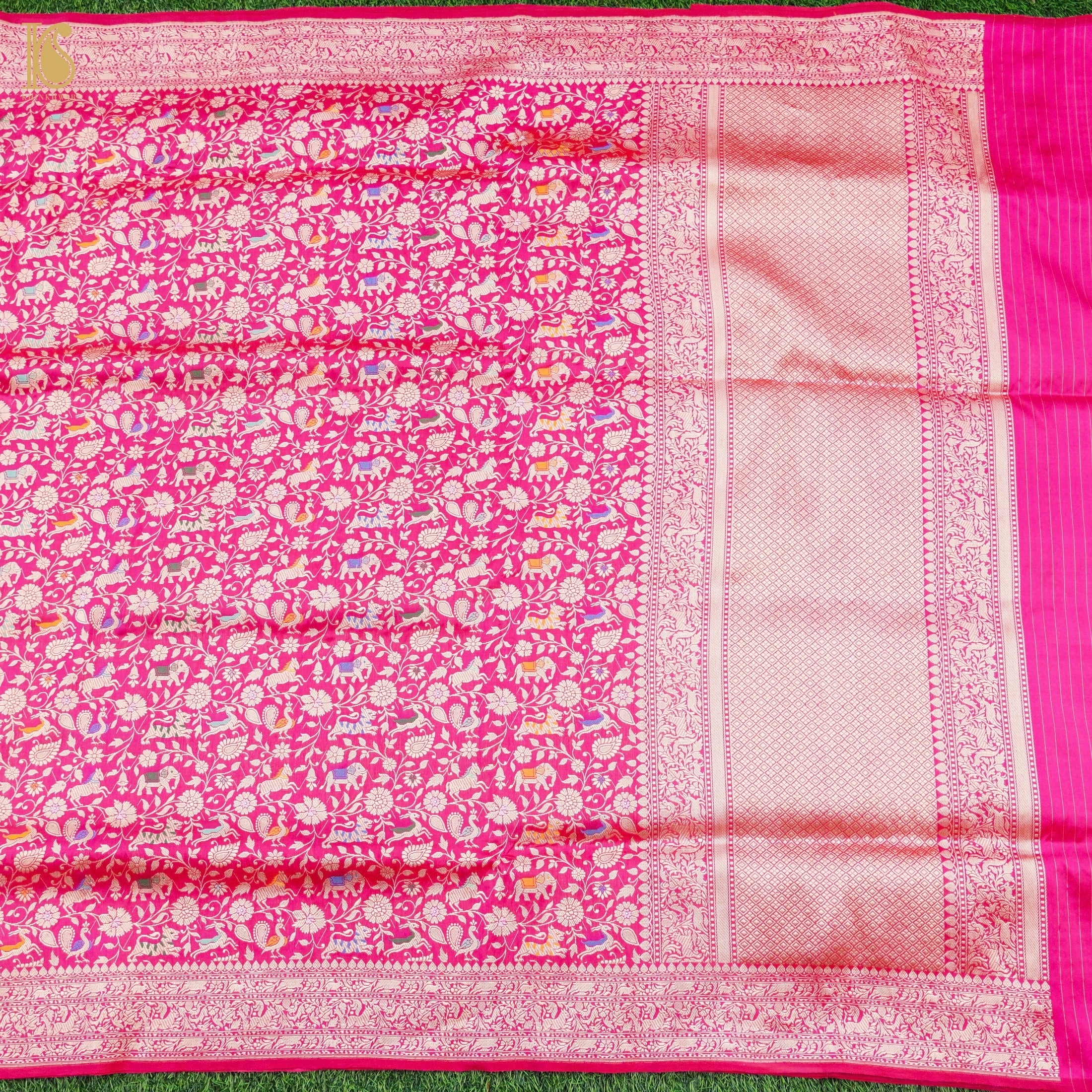 Cerise Pink Handloom Katan Silk Banarasi Shikargah Saree - Khinkhwab