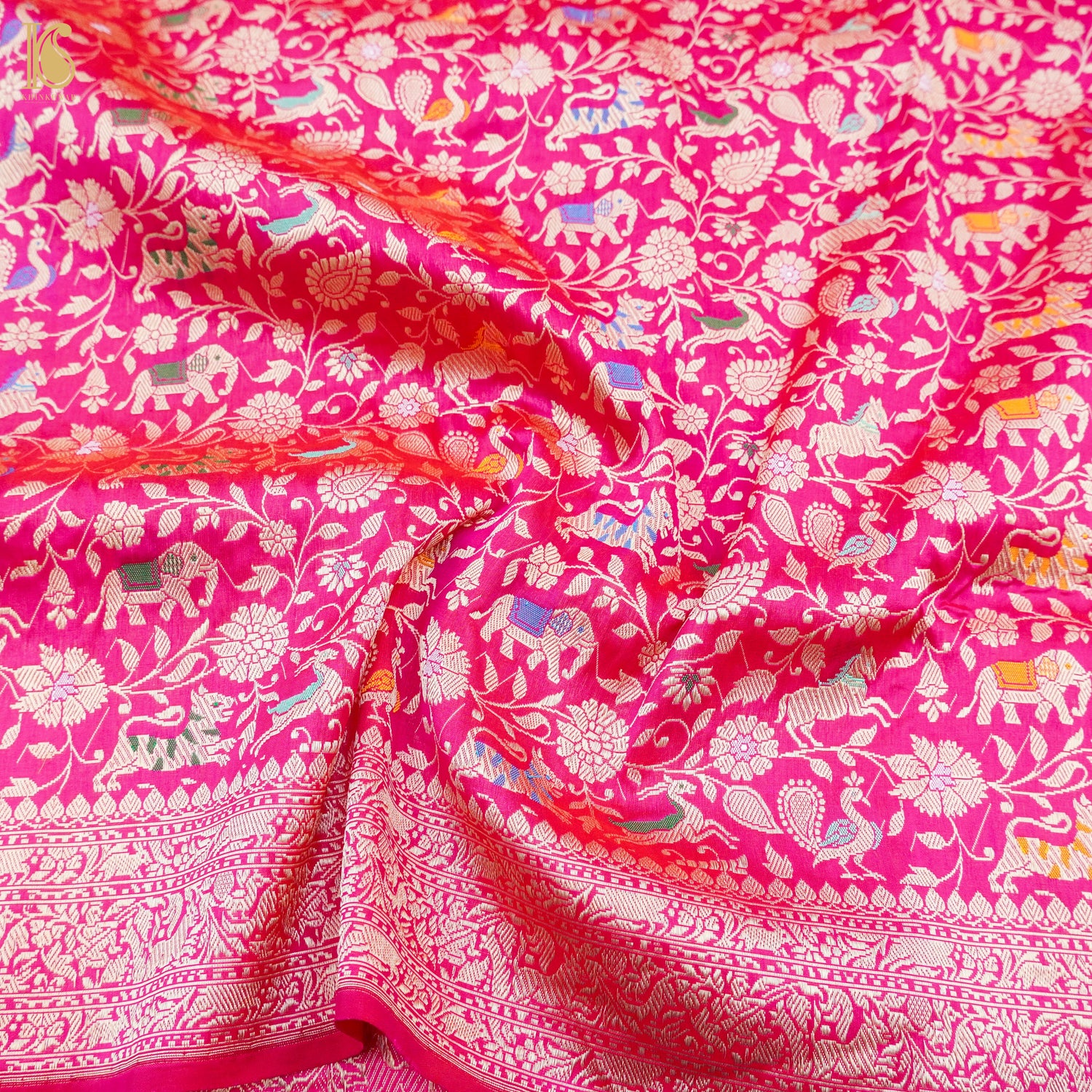Cerise Pink Handloom Katan Silk Banarasi Shikargah Saree - Khinkhwab