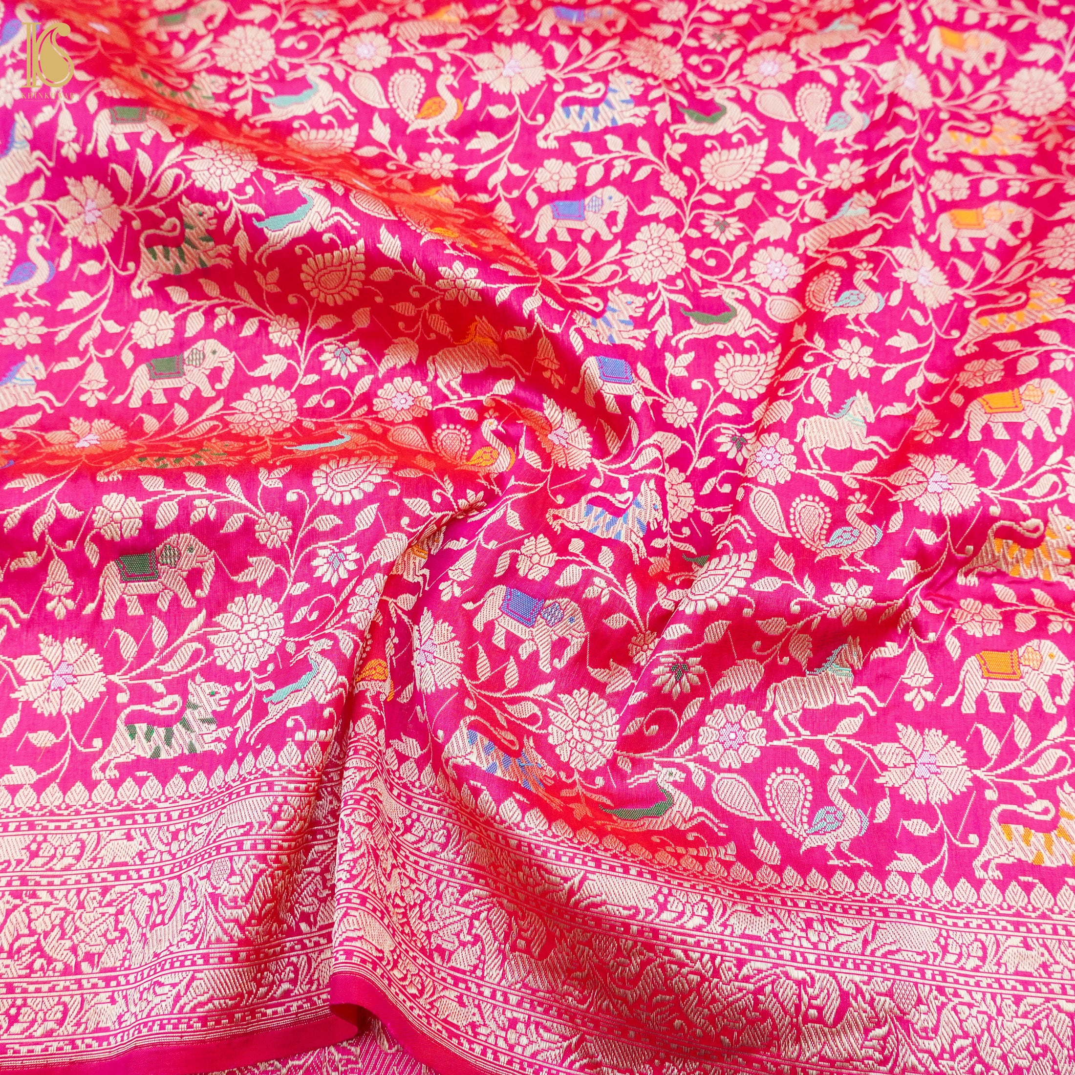 Cerise Pink Handloom Katan Silk Banarasi Shikargah Saree - Khinkhwab