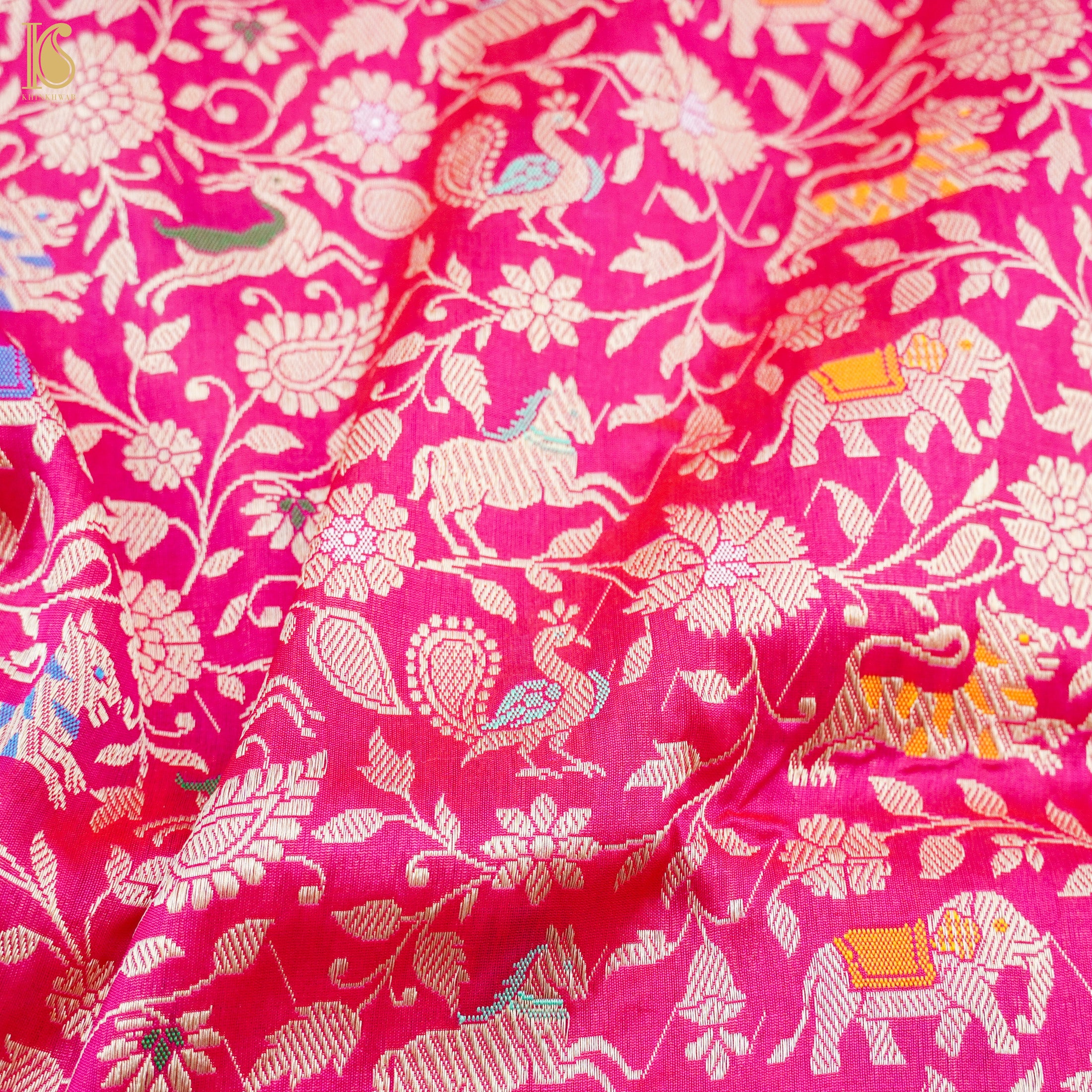 Cerise Pink Handloom Katan Silk Banarasi Shikargah Saree - Khinkhwab
