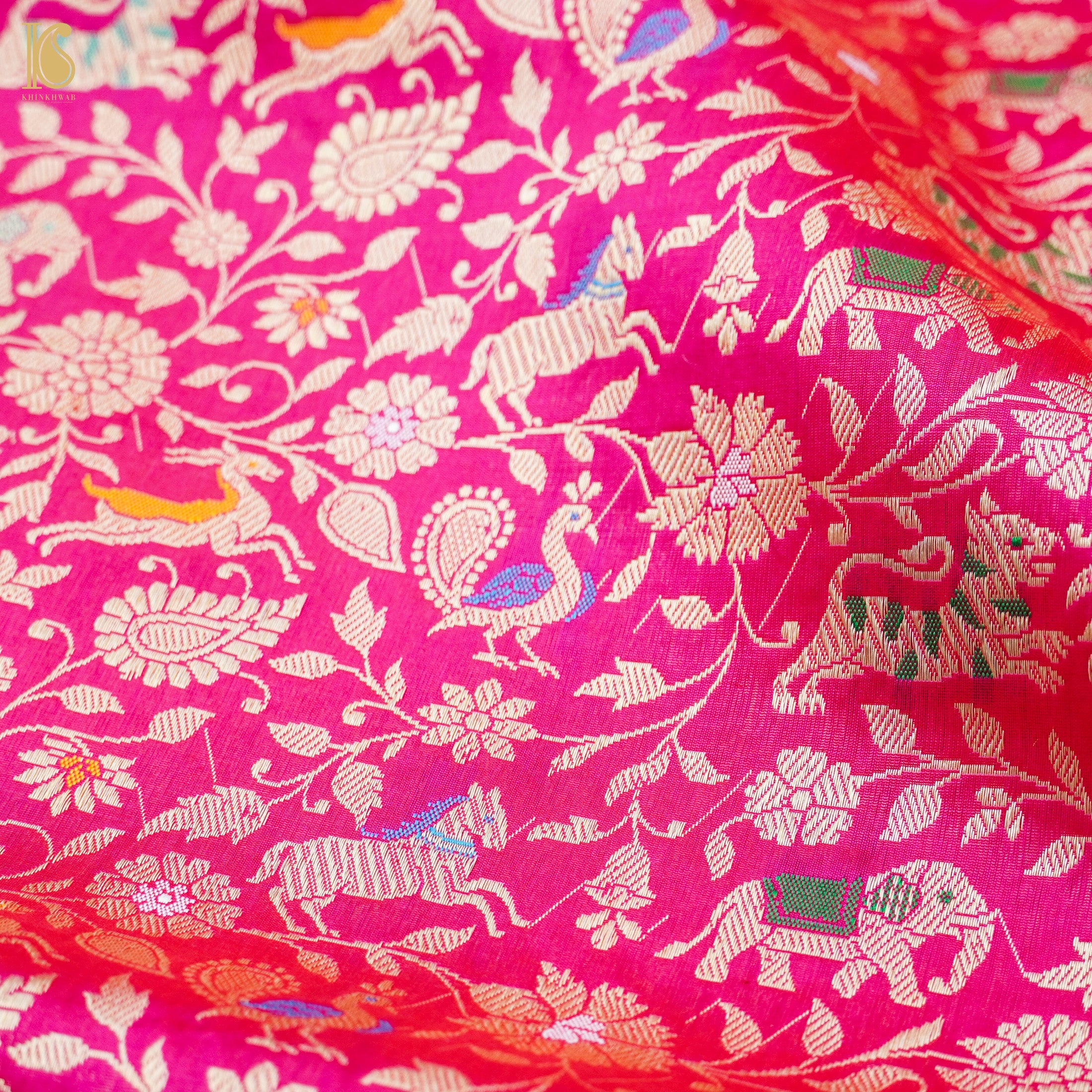 Cerise Pink Handloom Katan Silk Banarasi Shikargah Saree - Khinkhwab