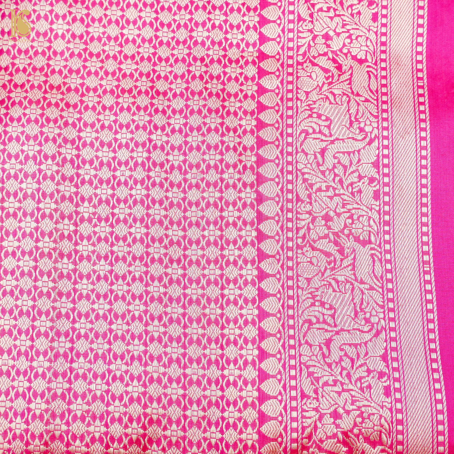 Cerise Pink Handloom Katan Silk Banarasi Shikargah Saree - Khinkhwab