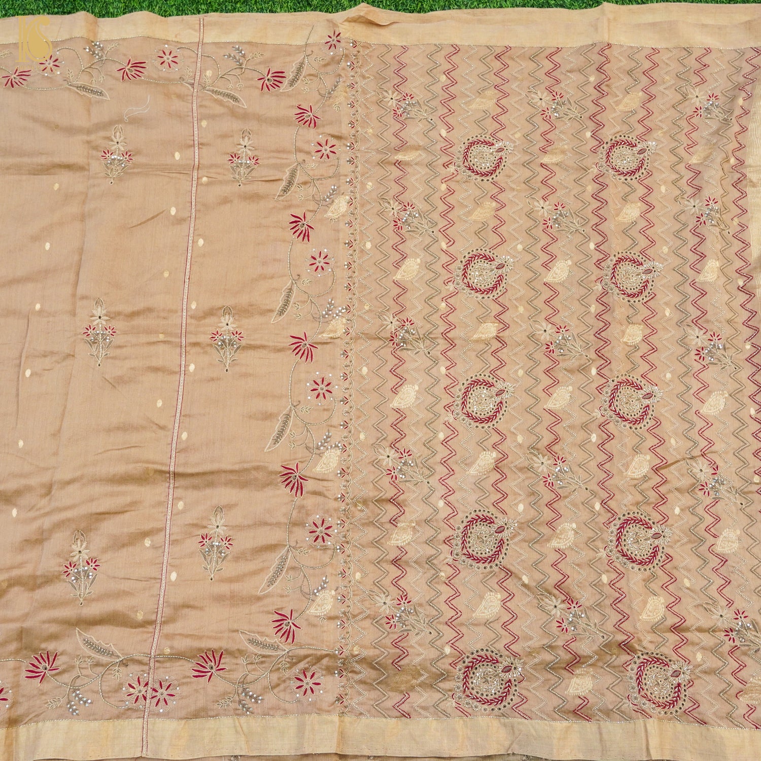 Calico Brown Pure Chanderi Silk Chikankari Saree - Khinkhwab