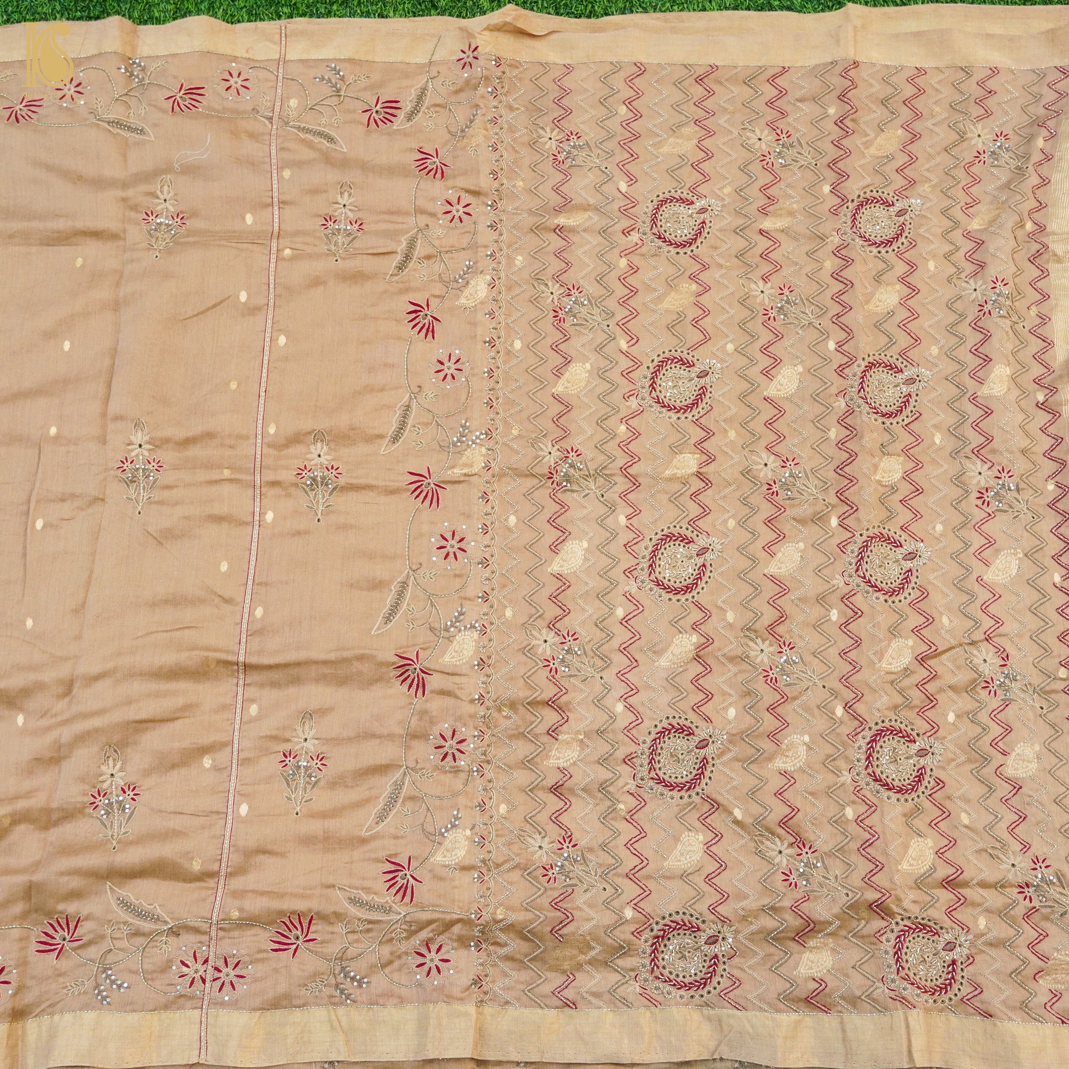 Calico Brown Pure Chanderi Silk Chikankari Saree - Khinkhwab