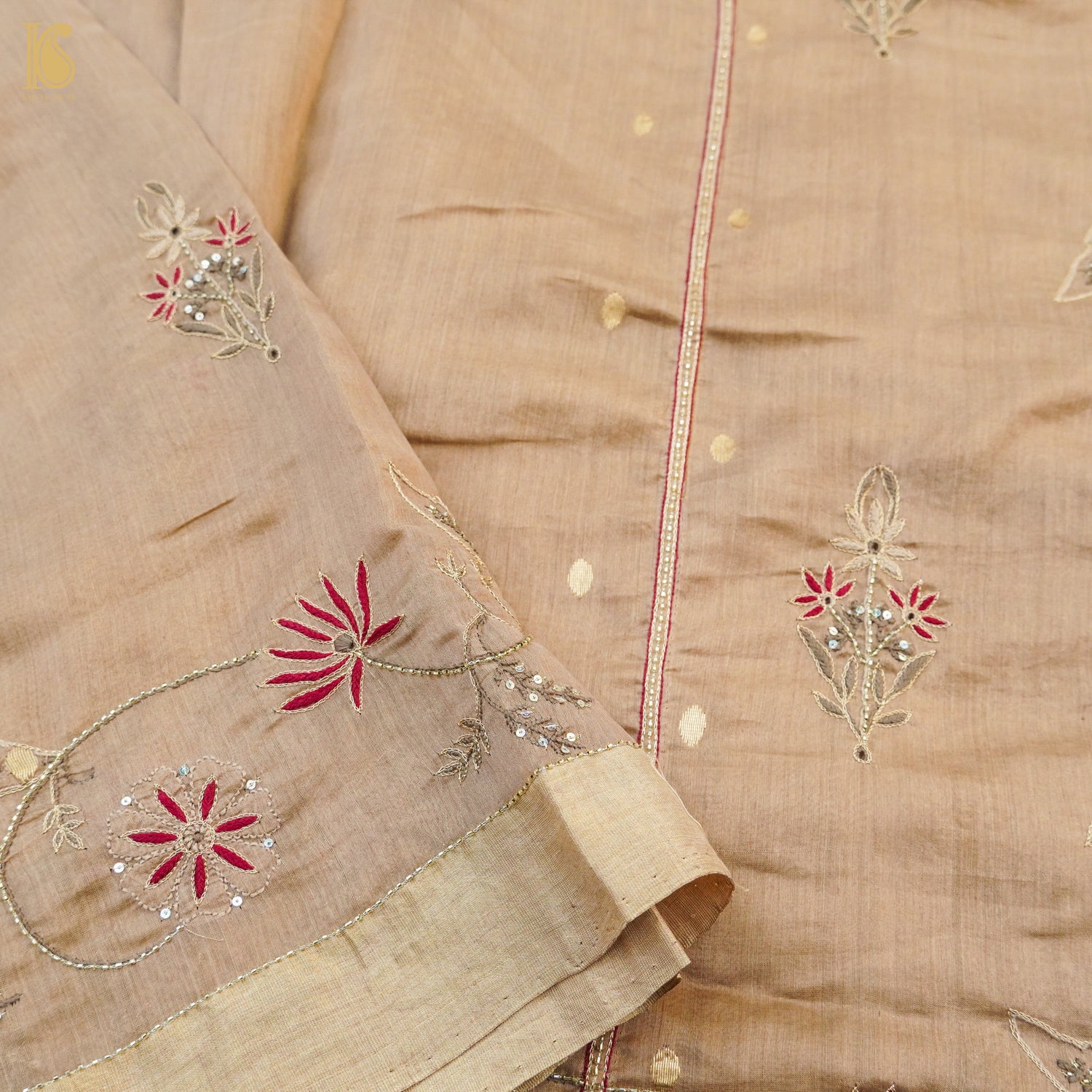 Calico Brown Pure Chanderi Silk Chikankari Saree - Khinkhwab