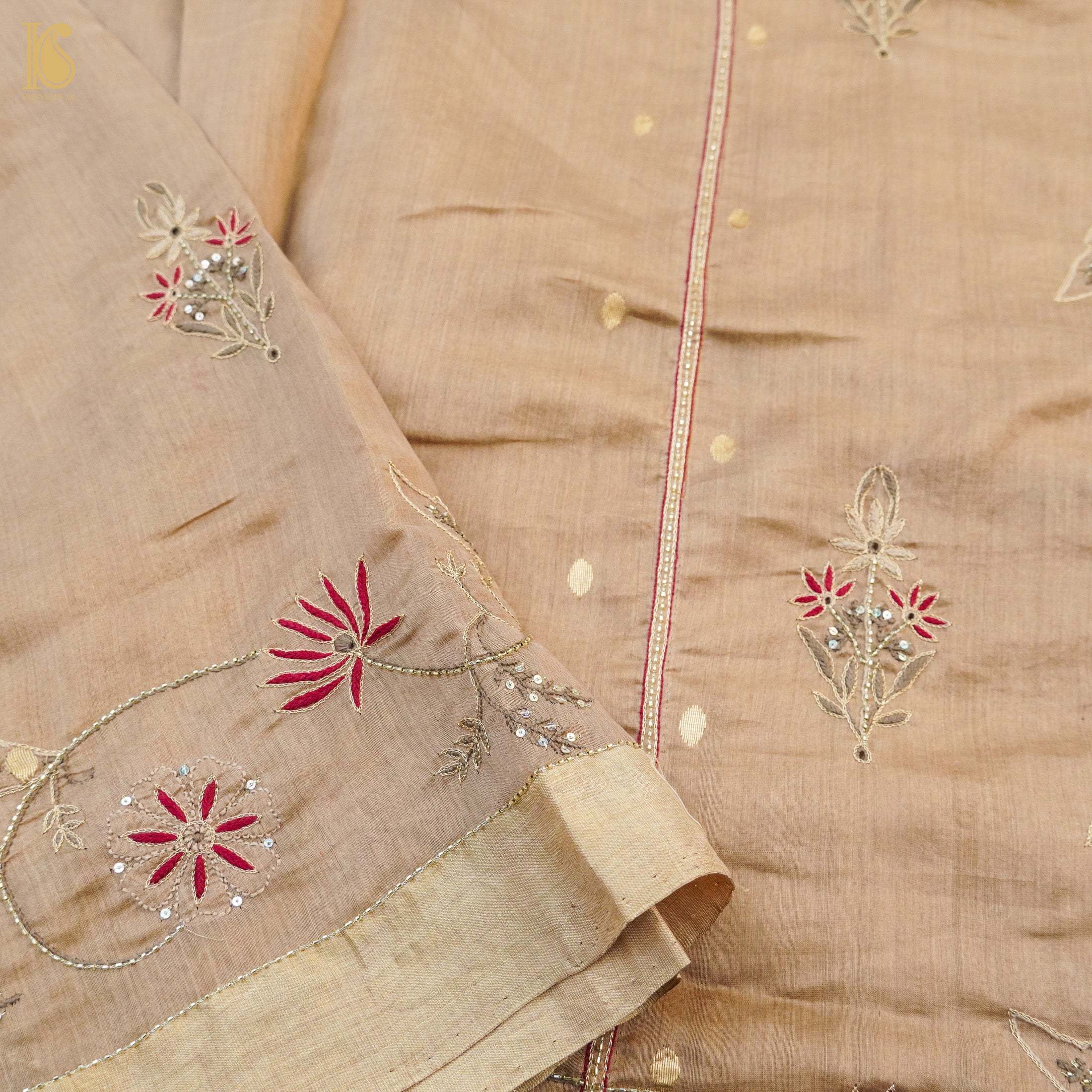 Calico Brown Pure Chanderi Silk Chikankari Saree - Khinkhwab