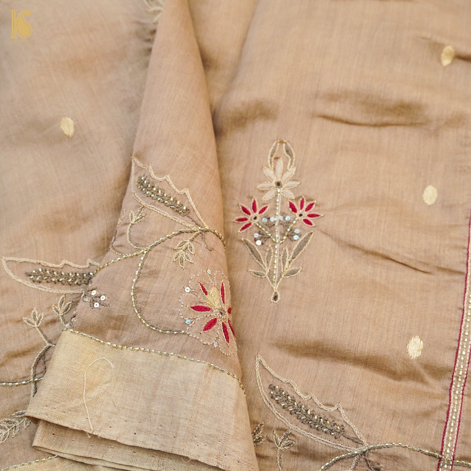 Calico Brown Pure Chanderi Silk Chikankari Saree - Khinkhwab