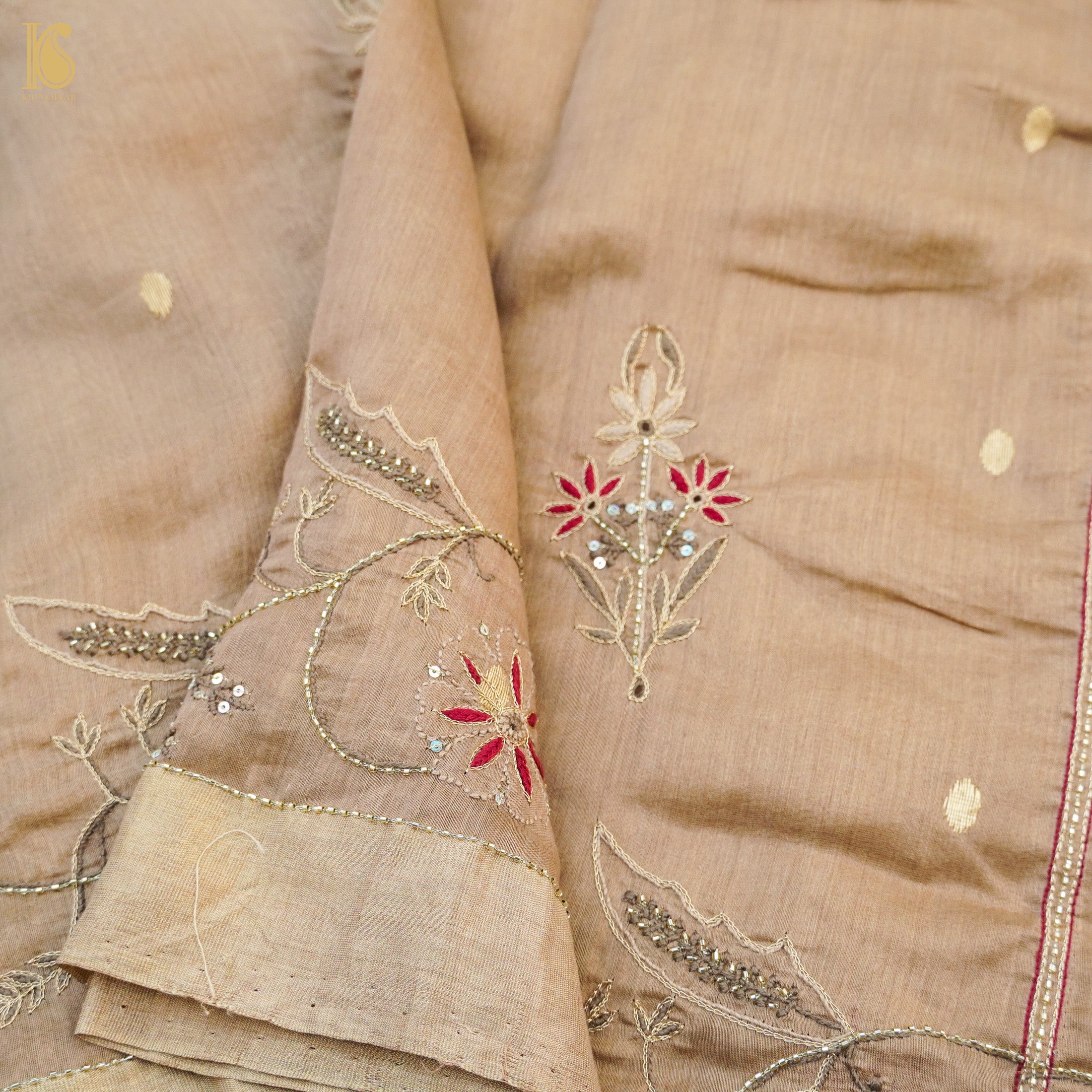 Calico Brown Pure Chanderi Silk Chikankari Saree - Khinkhwab