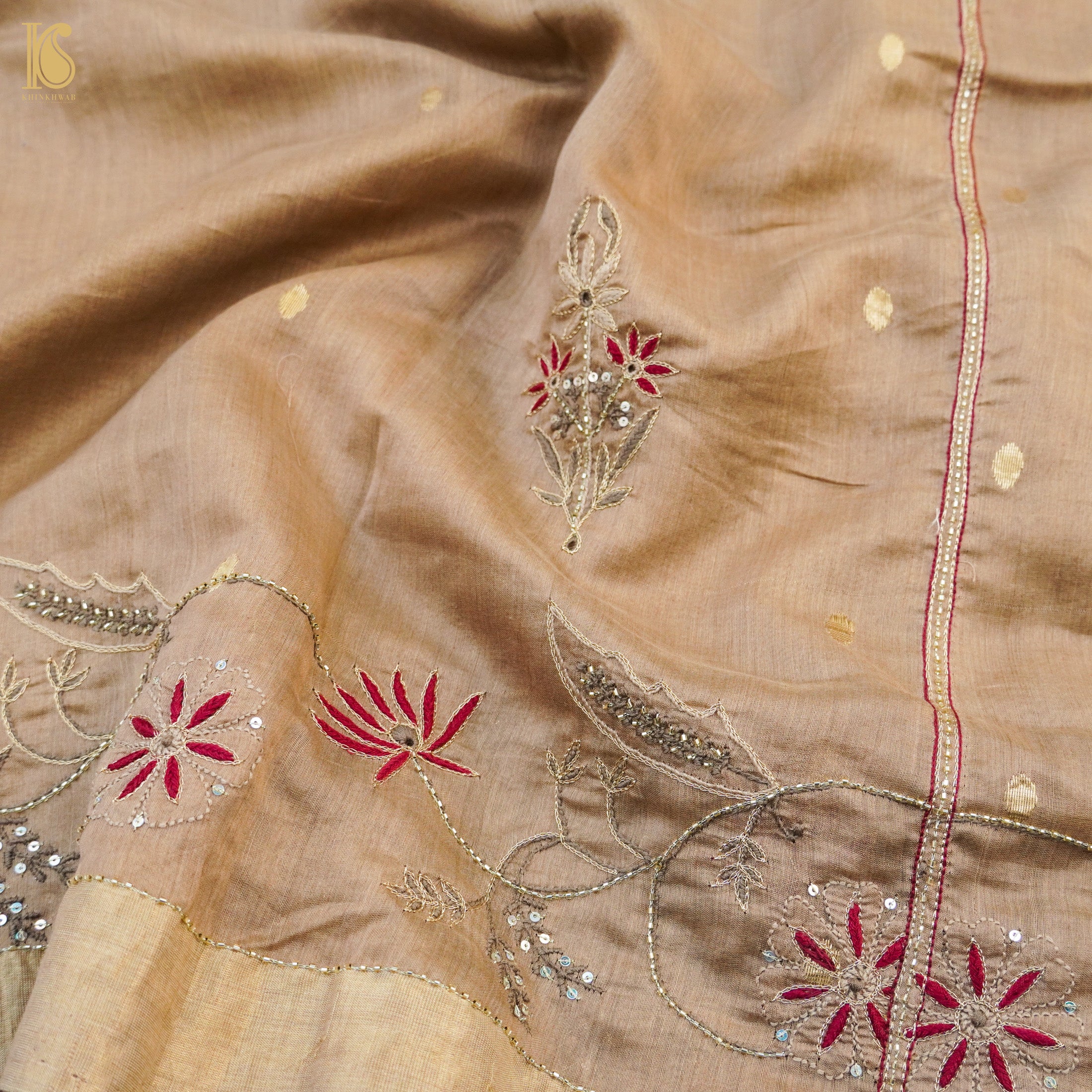 Calico Brown Pure Chanderi Silk Chikankari Saree - Khinkhwab